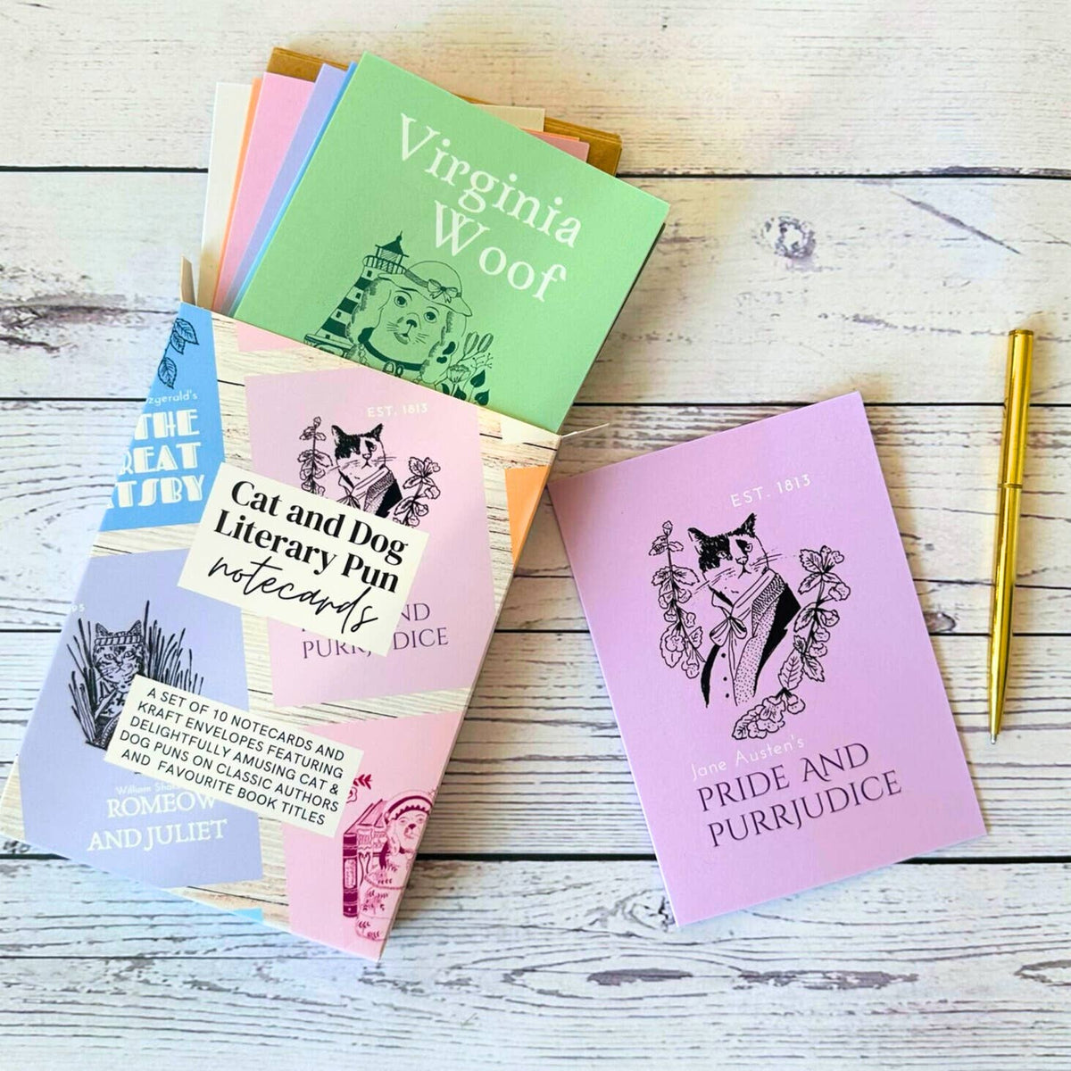 Literary Pun Cat and Dog Notecards - Set of 10
