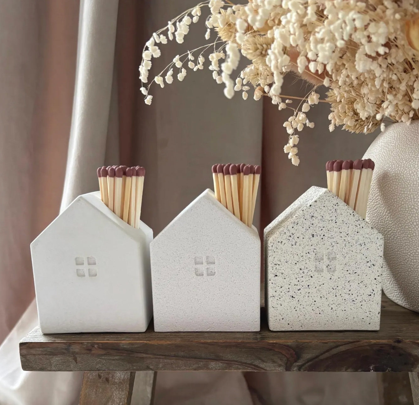 Concrete Matchstick Holder | House Shaped with Striking Pads: White Granite