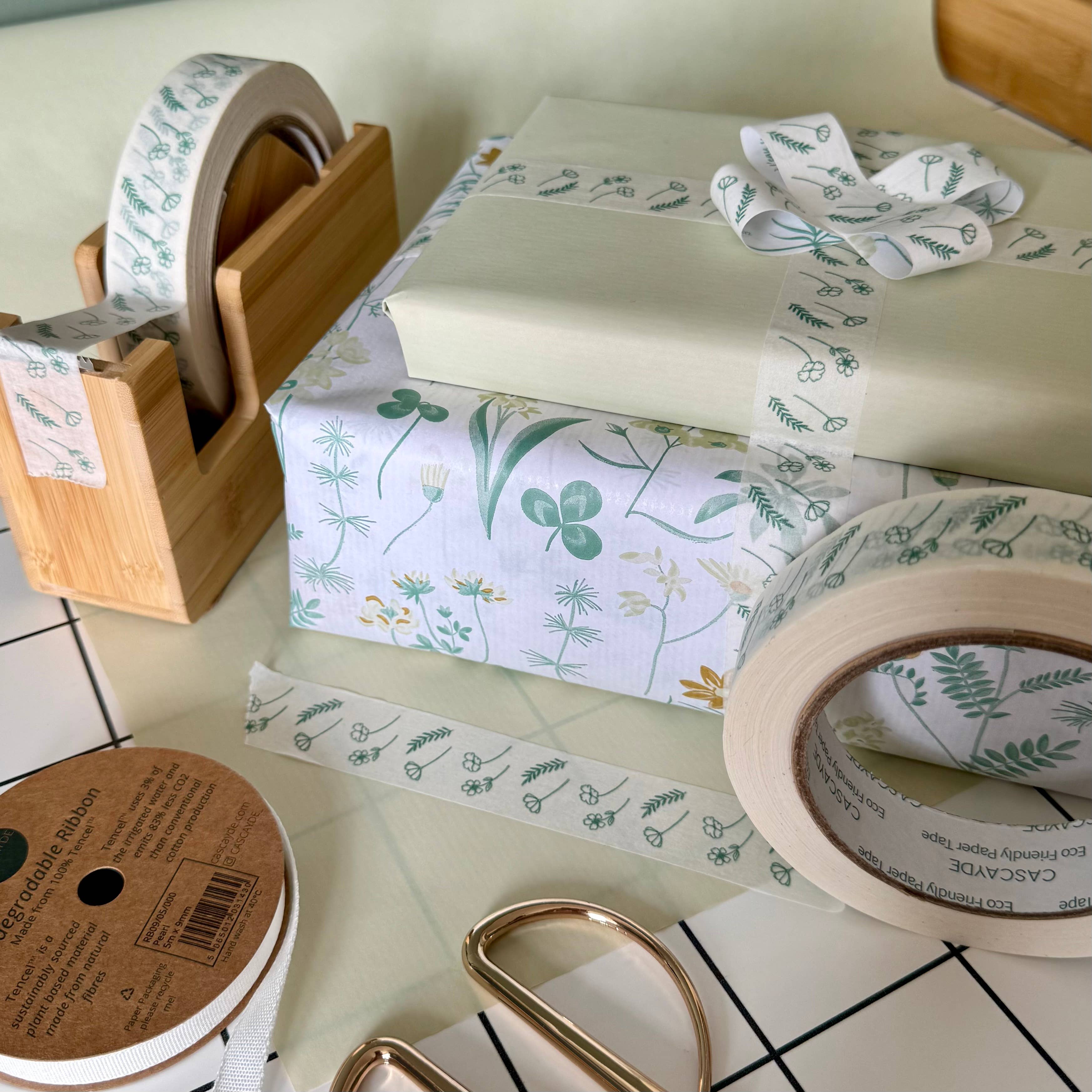 Green Floral Paper Tape 24mm - Eco Friendly Packing Tape