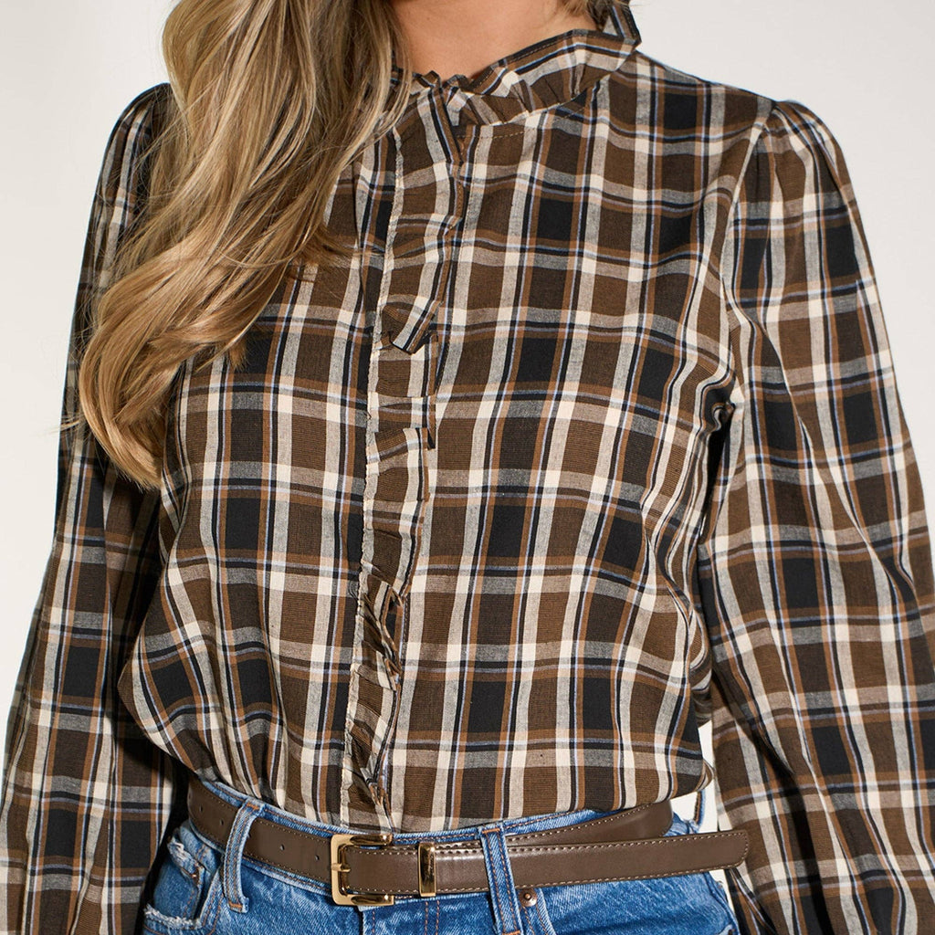 Plaid Check Ruffled Collar Shirt in Brown: Large (UK 16-18)