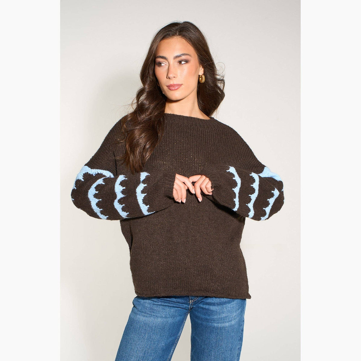 Striped Sleeve Italian Wool Blend Jumper in Brown/Blue: One Size