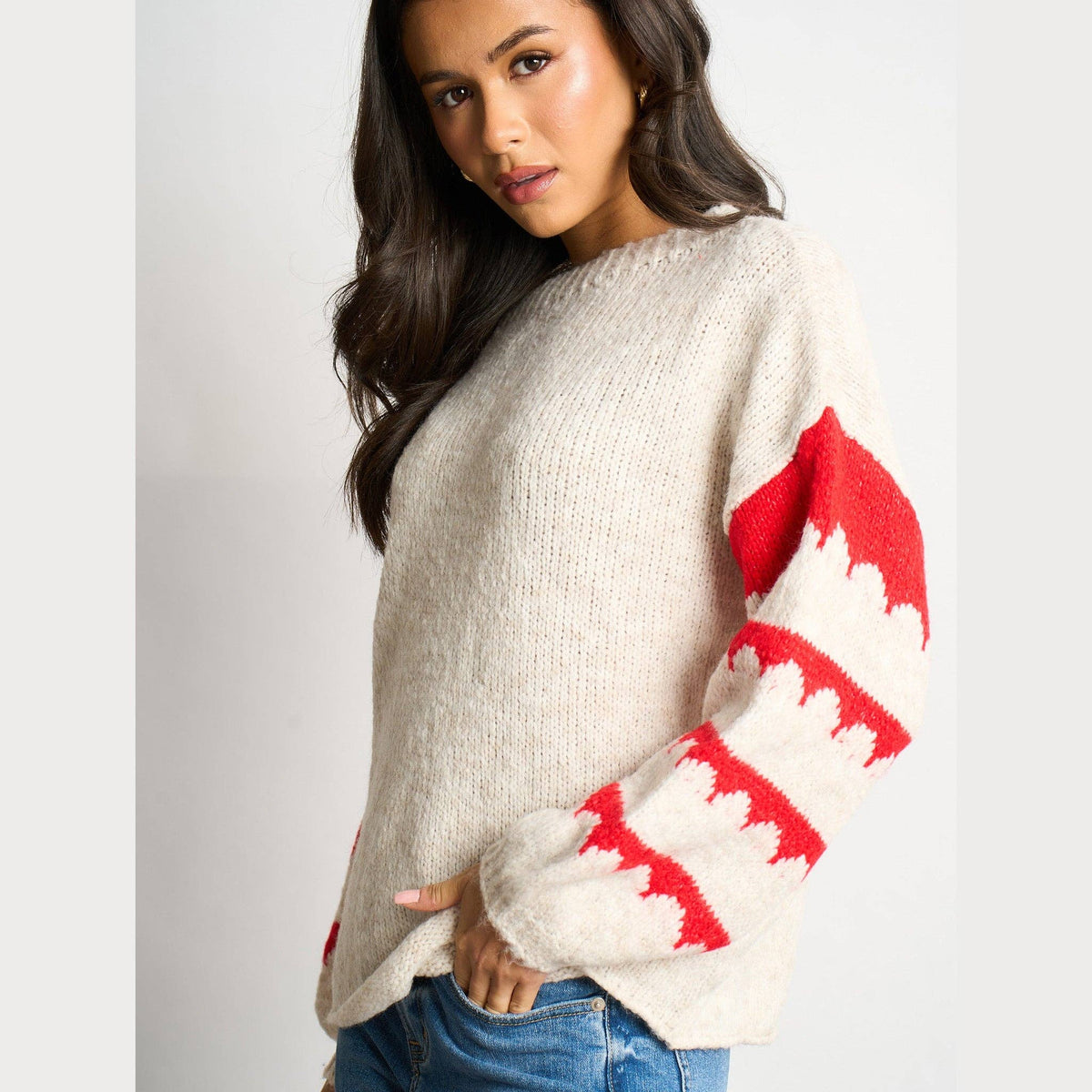 Striped Sleeve Italian Wool Blend Jumper in Cream/Red: One-size