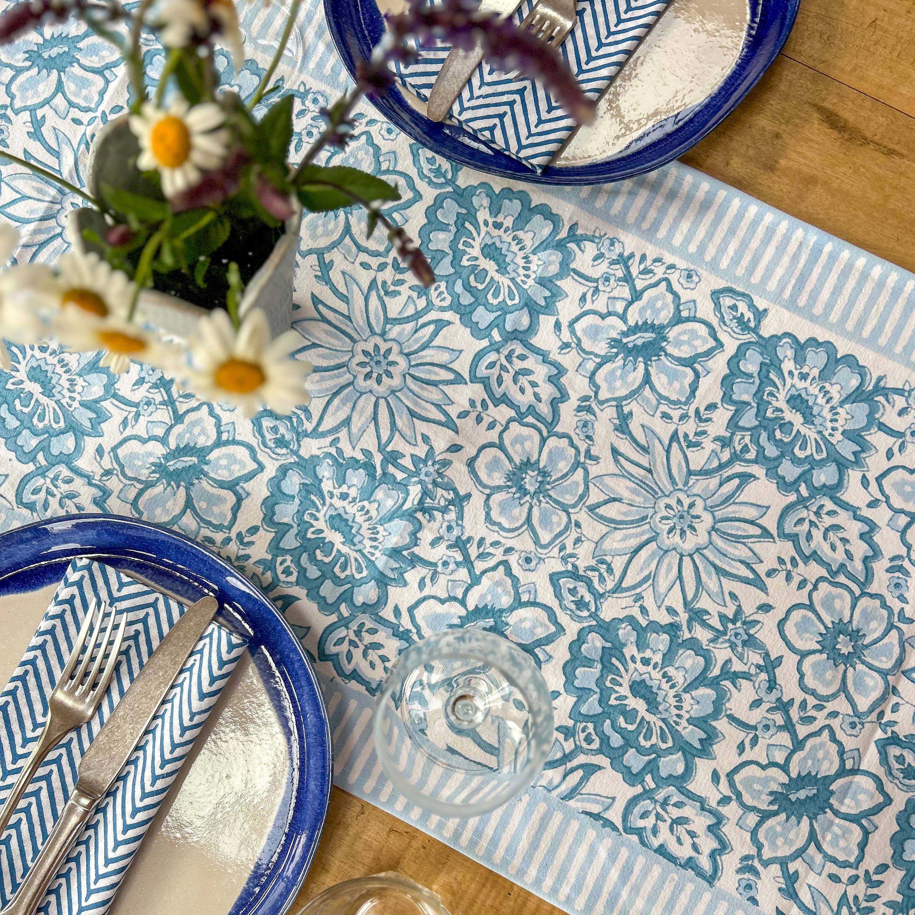 NEW MEADOW BABY BLUE hand block printed runner