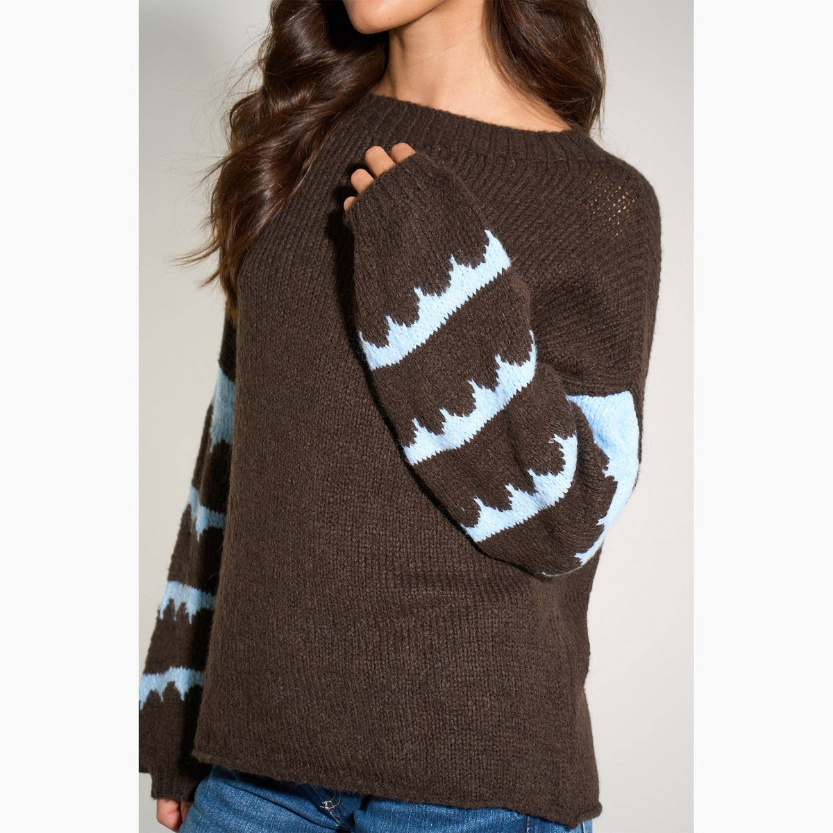 Striped Sleeve Italian Wool Blend Jumper in Brown/Blue: One Size