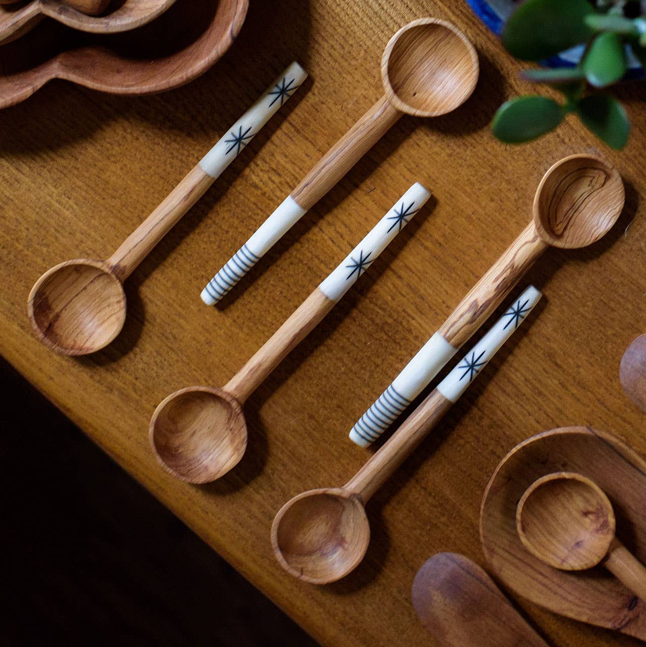 Olive Wood Batik Handled Sugar Spoon: Orange