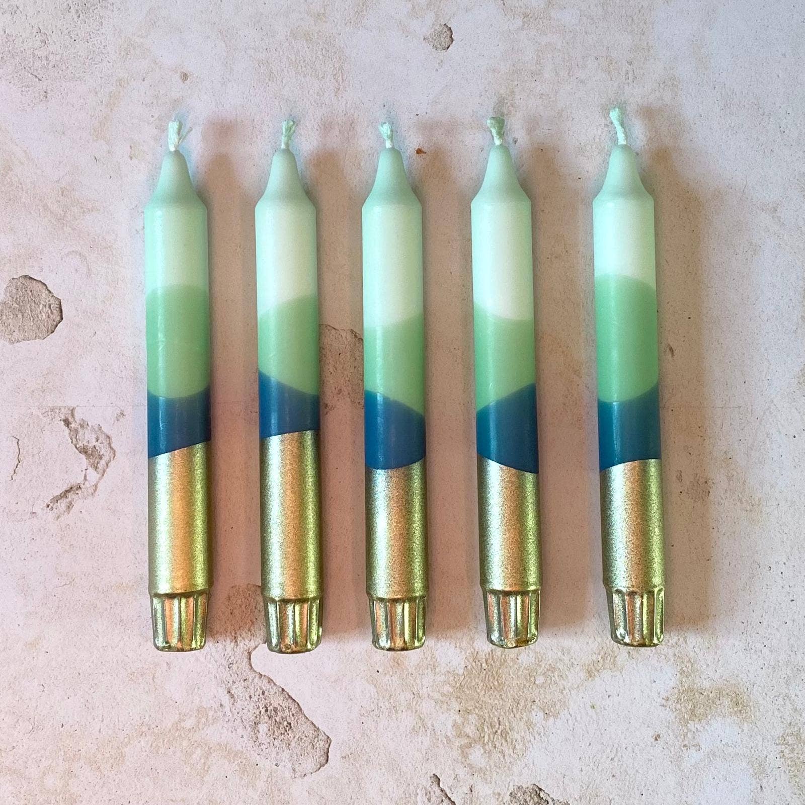 Hand Dipped 'Forest Gold' Green & Gold Dinner Candles