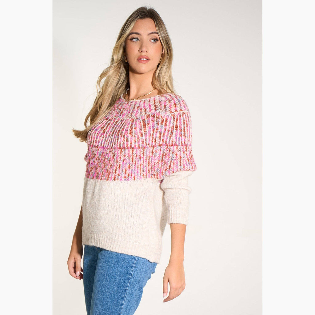 Scandi Style Print Italian Wool Blend Jumper in Cream/Fuchsia