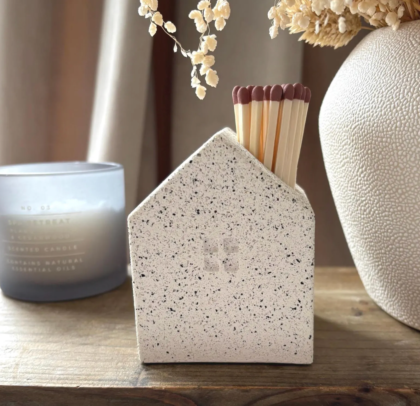 Concrete Matchstick Holder | House Shaped with Striking Pads: White Granite