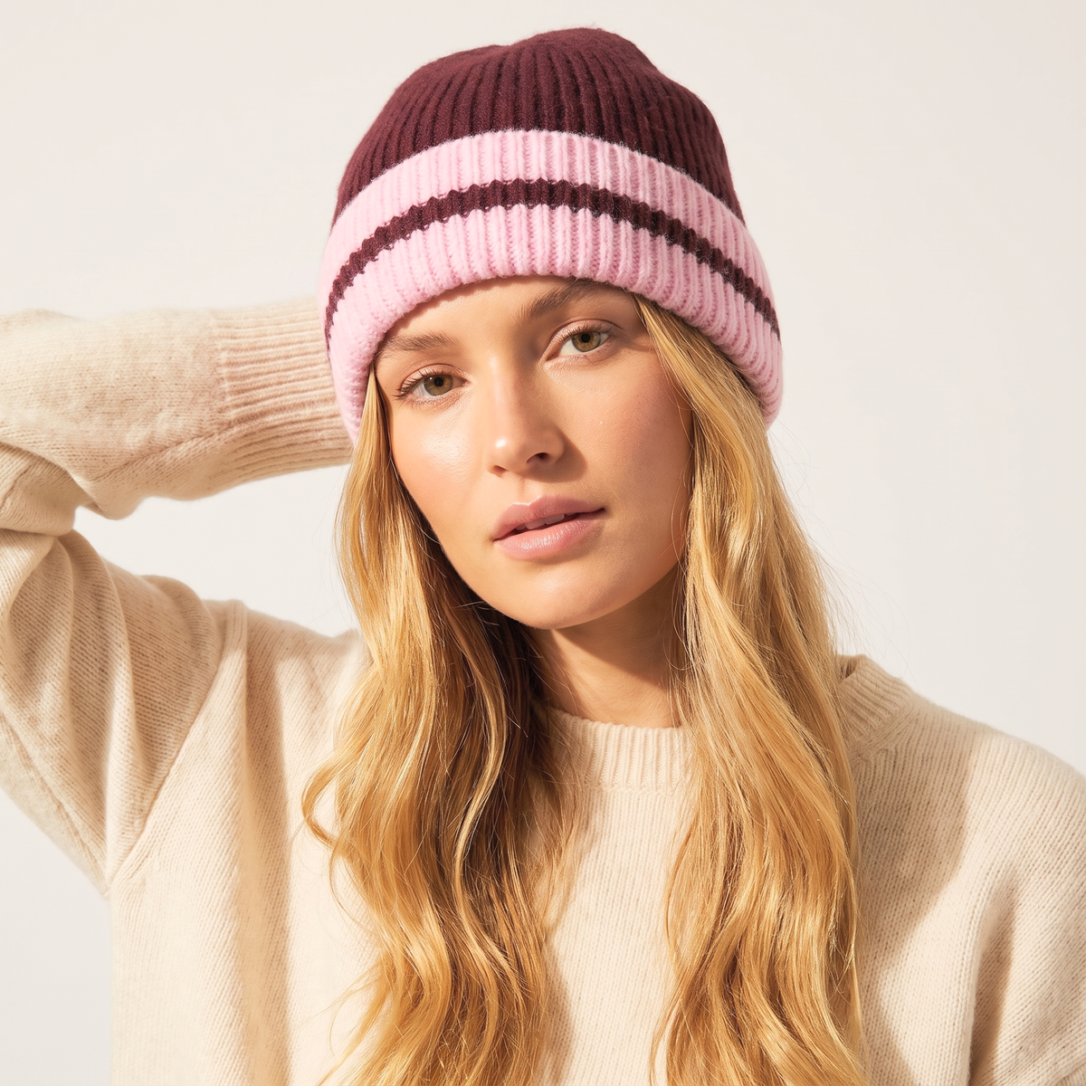 Striped Beanie Hat in Berry/Pink