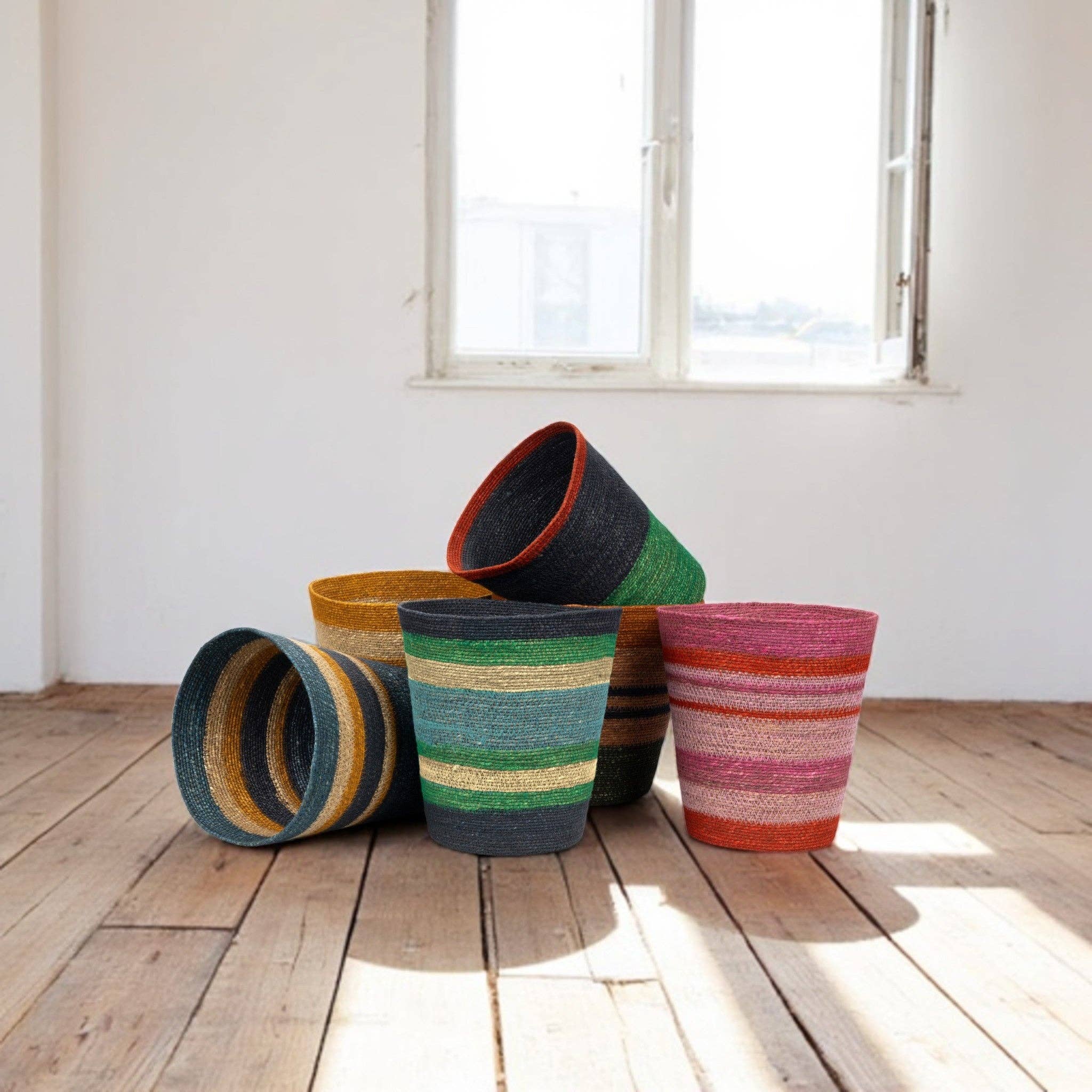 Seagrass Waste Paper Basket in Olive & Old Rose