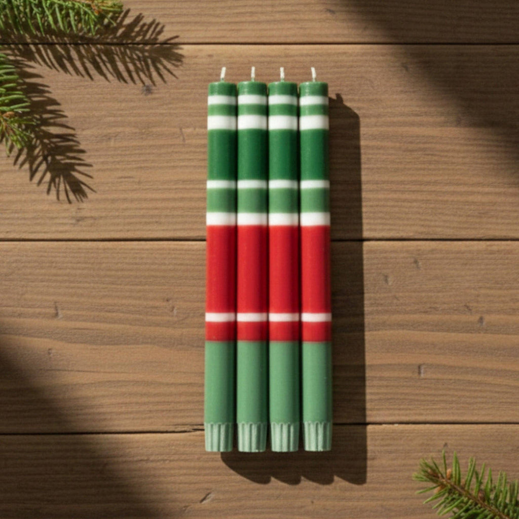 Striped Holiday Set - Oriental Red, Emerald and Pearl White Eco Dinner Candles