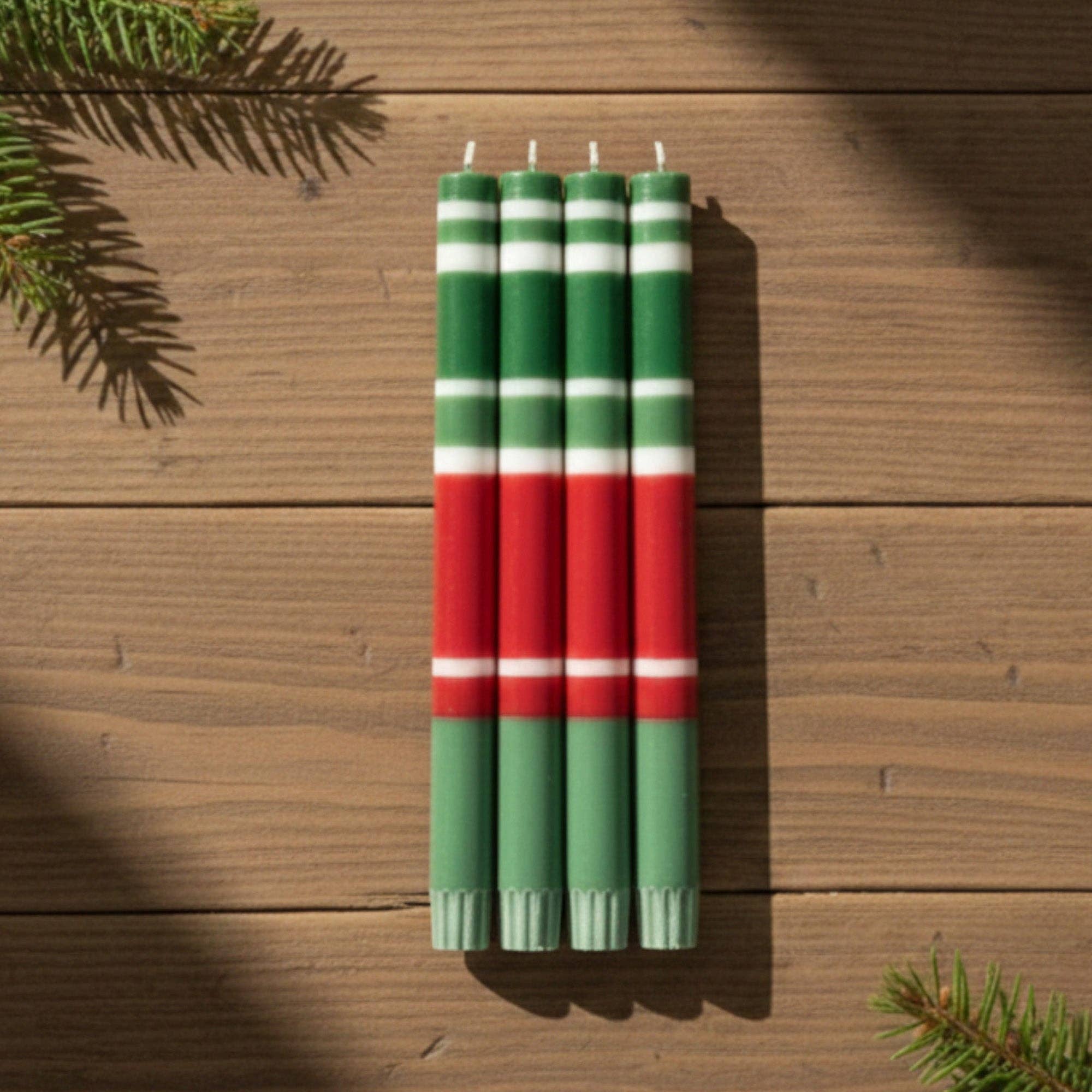 Striped Holiday Set - Oriental Red, Emerald and Pearl White Eco Dinner Candles