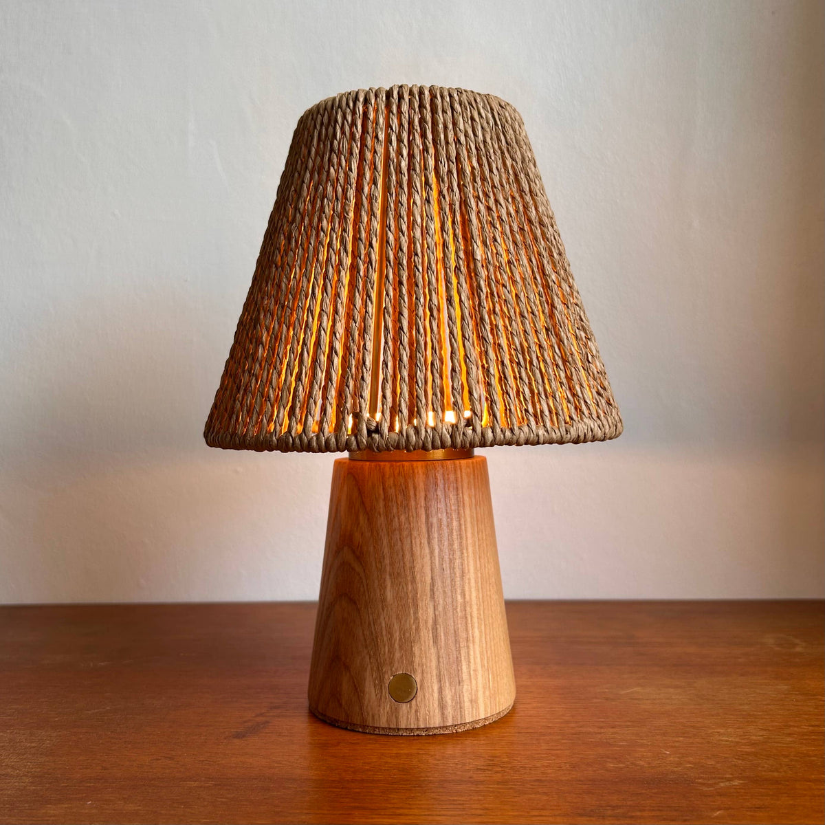 Small Smooth Beech rechargeable touch lamp cone rope shade