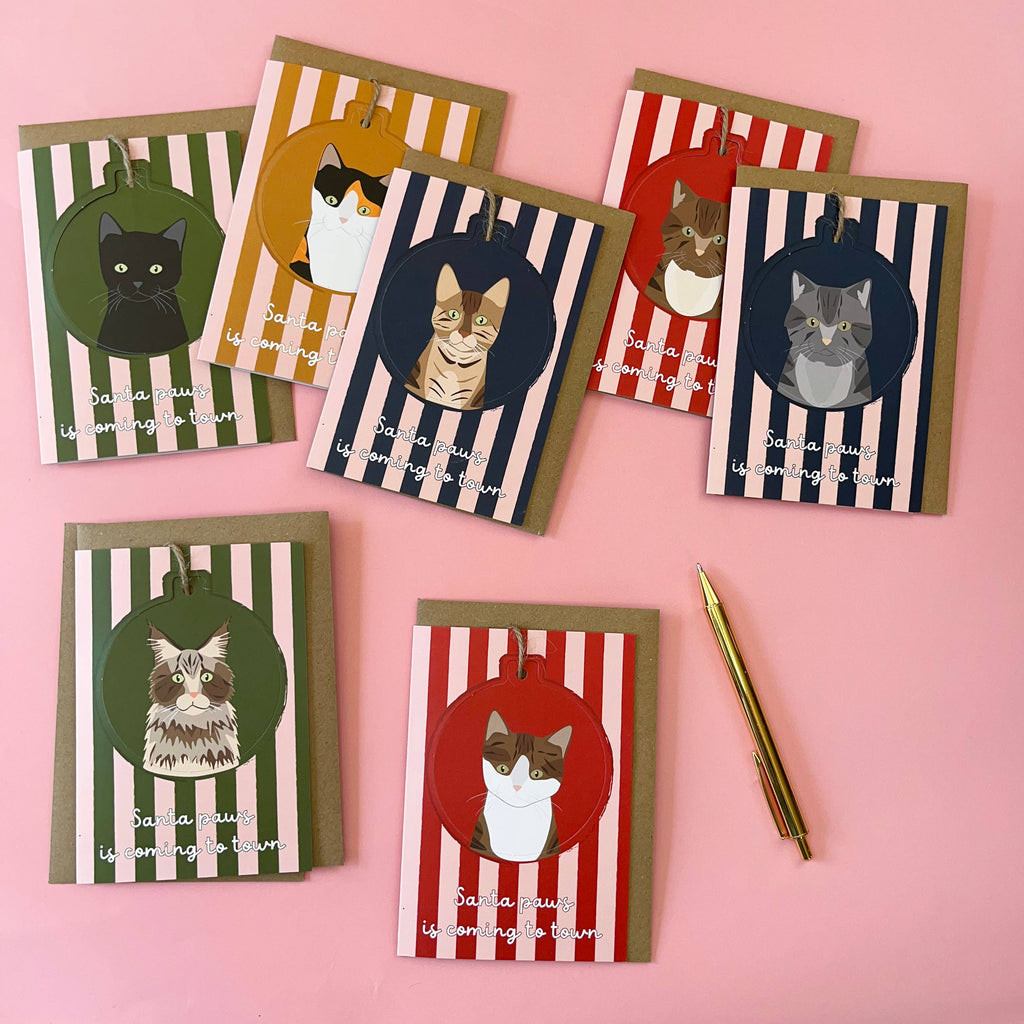 Cat Breed - Pop Out Christmas Bauble Cards : BROWN TABBY/ WHITE - RED/PINK STRIPE
