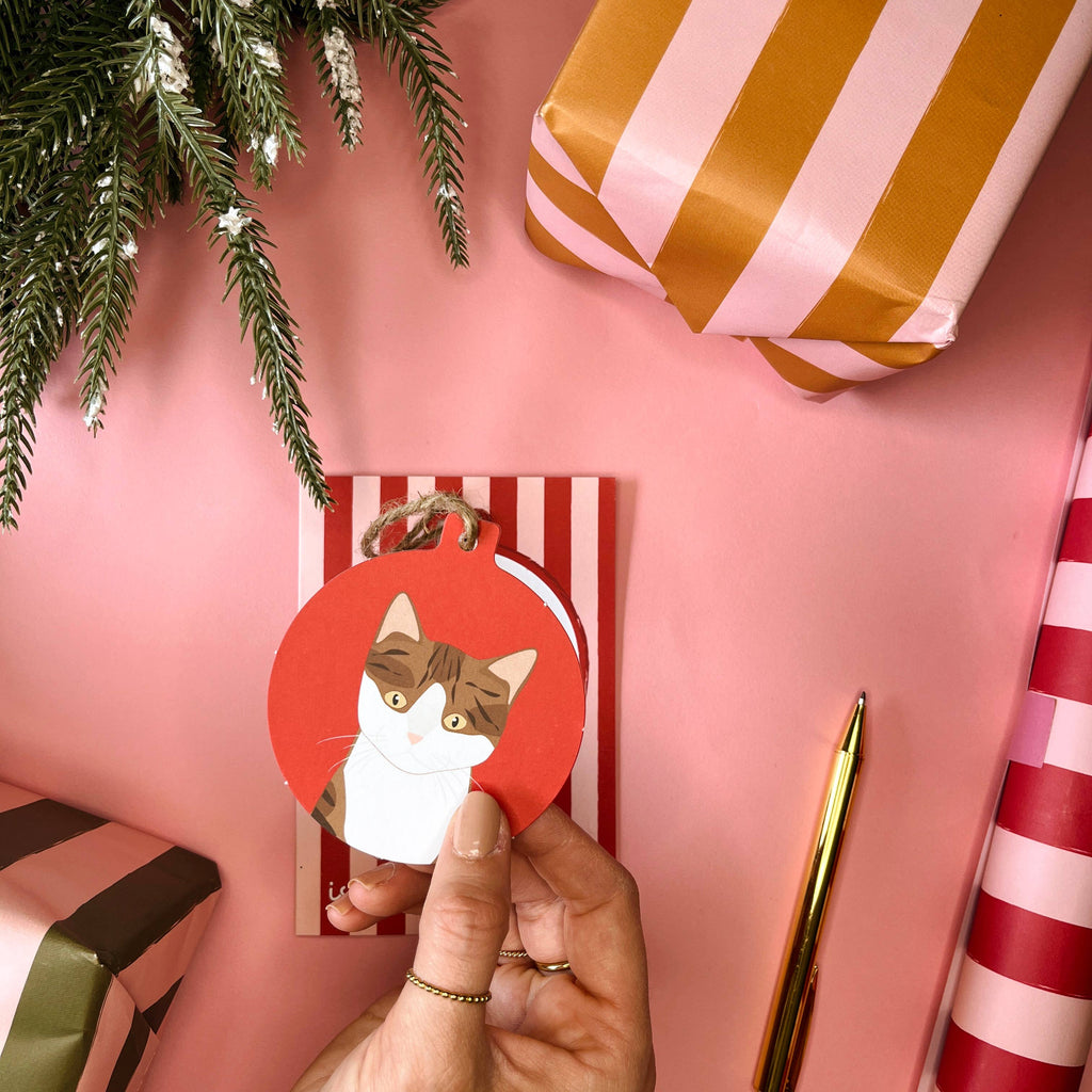 Cat Breed - Pop Out Christmas Bauble Cards : BROWN TABBY/ WHITE - RED/PINK STRIPE