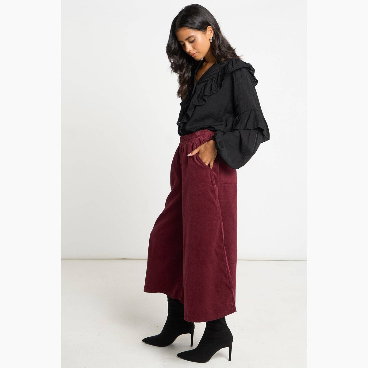 Cord Wide Leg Culottes in Berry