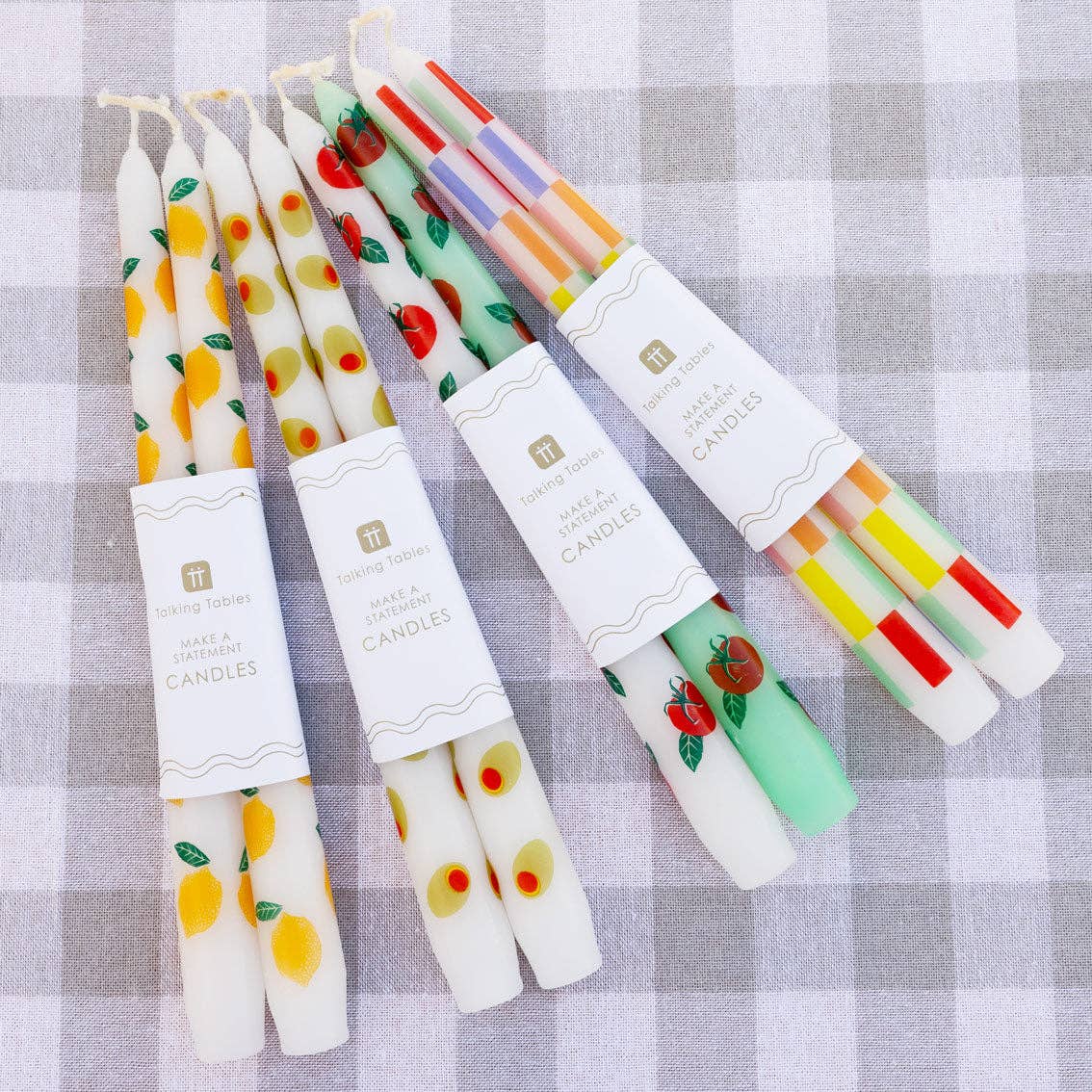 Multi Coloured Check Taper Dinner Candles