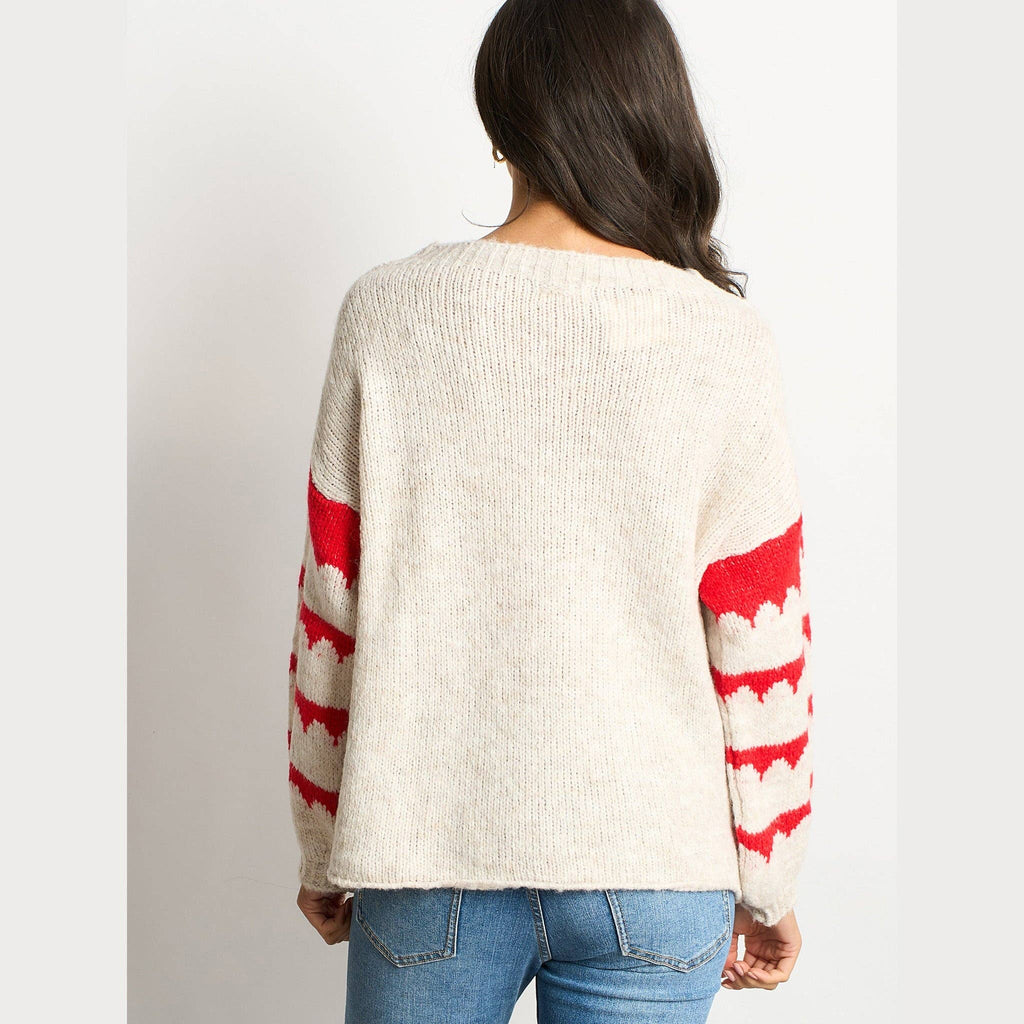 Striped Sleeve Italian Wool Blend Jumper in Cream/Red: One-size