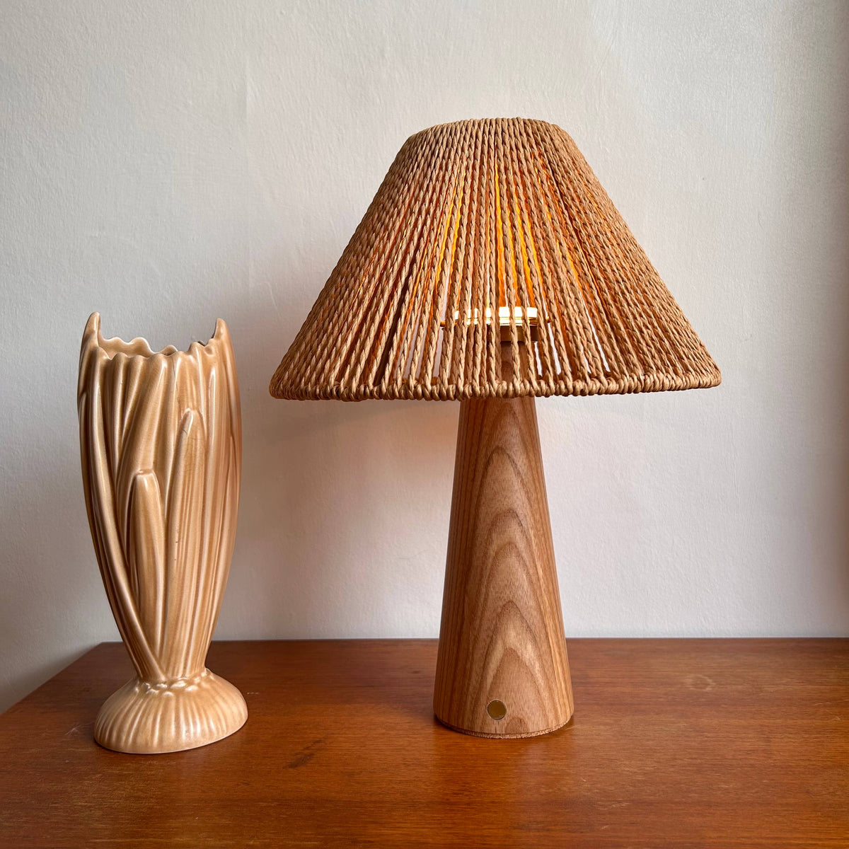 Smooth Beech style rechargeable touch lamp with rope shade : Rope drum