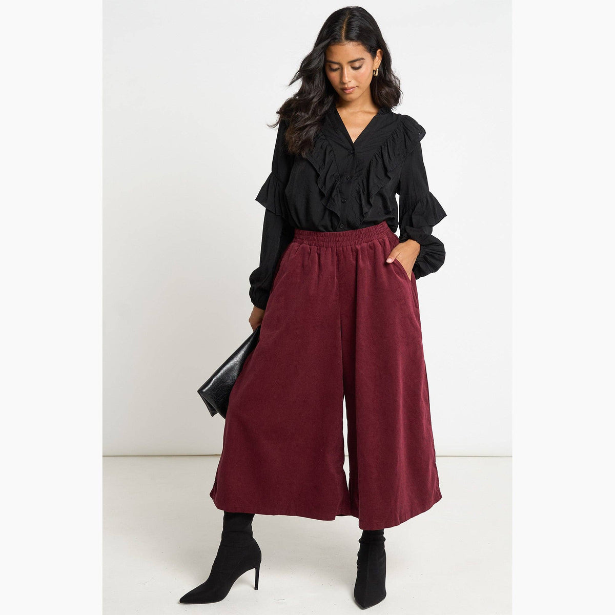 Cord Wide Leg Culottes in Berry