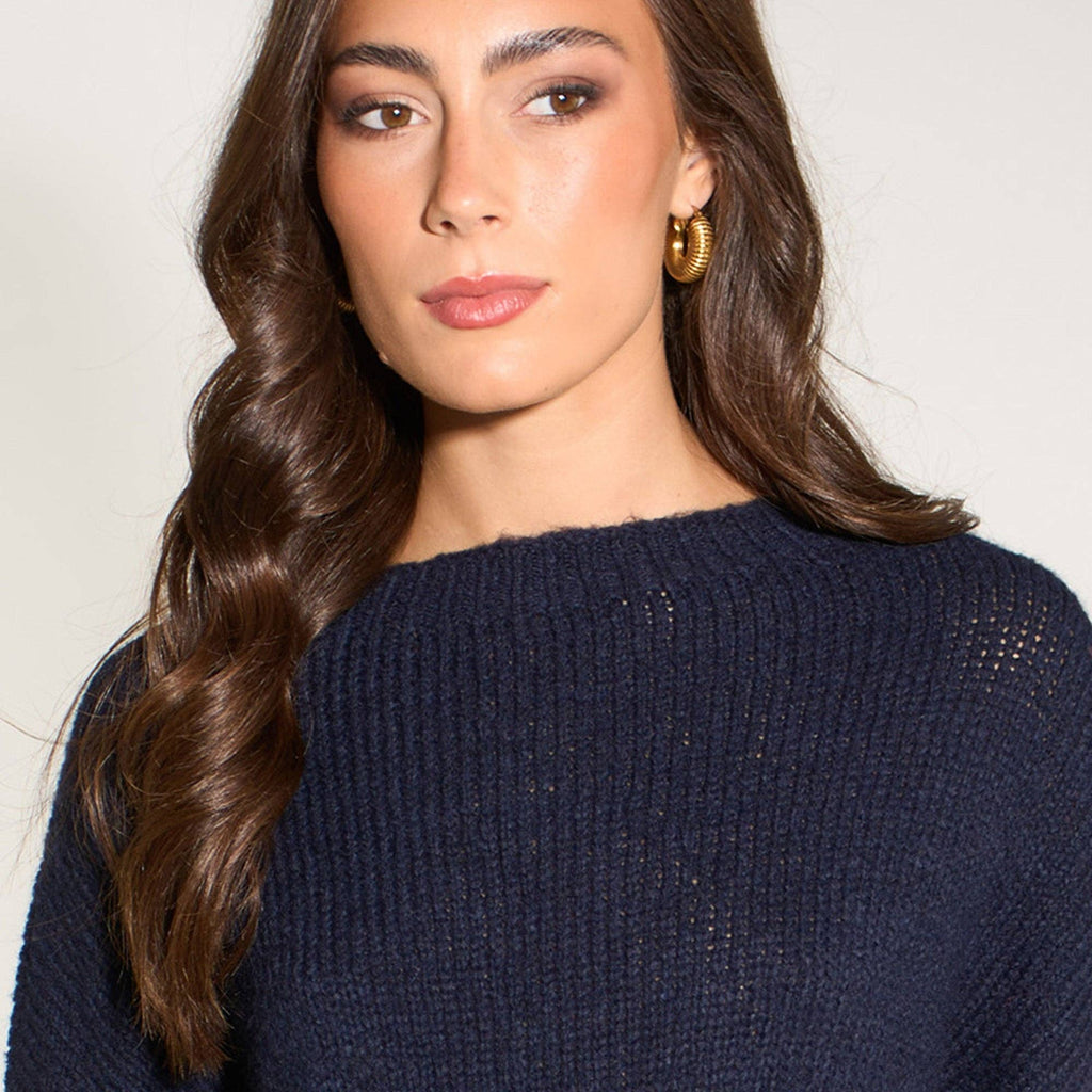 Striped Sleeve Italian Wool Blend Jumper in Navy Blue/Cream: One Size