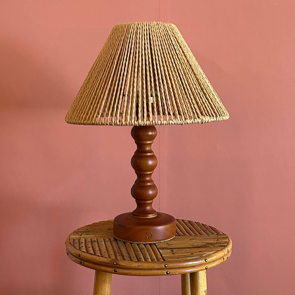Bobbin Teak style rechargeable touch lamp with Rope shade: Beech