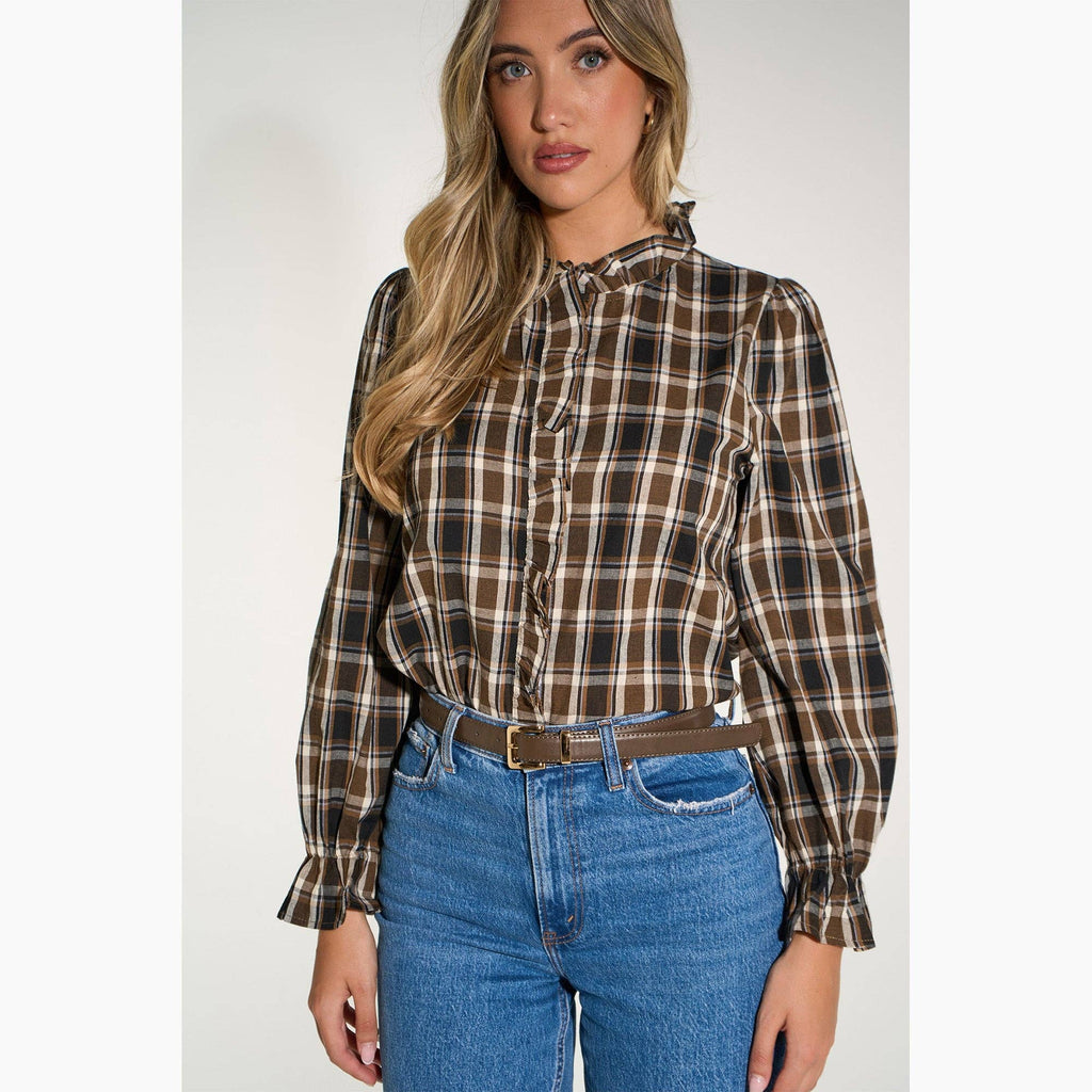 Plaid Check Ruffled Collar Shirt in Brown: Large (UK 16-18)