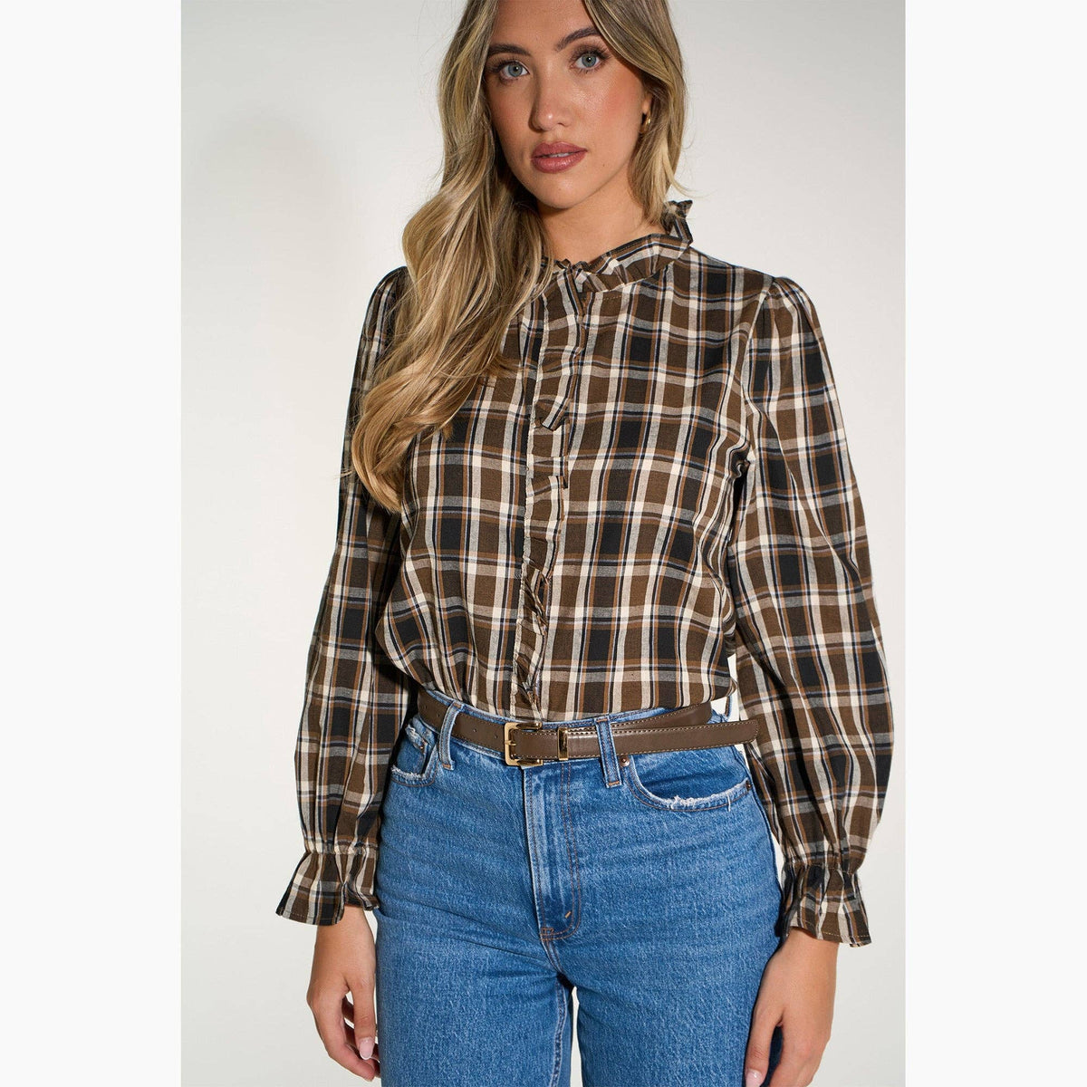 Plaid Check Ruffled Collar Shirt in Brown: Large (UK 16-18)