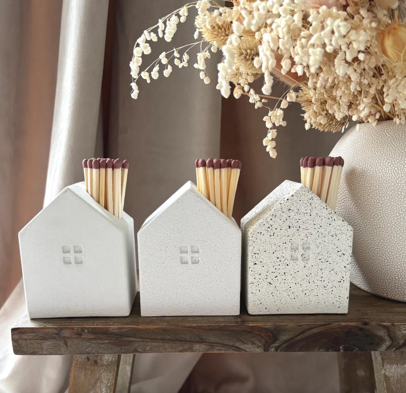 Concrete Matchstick Holder | House Shaped with Striking Pads: White Granite