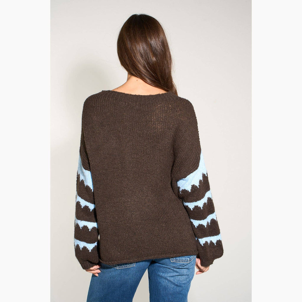 Striped Sleeve Italian Wool Blend Jumper in Brown/Blue: One Size