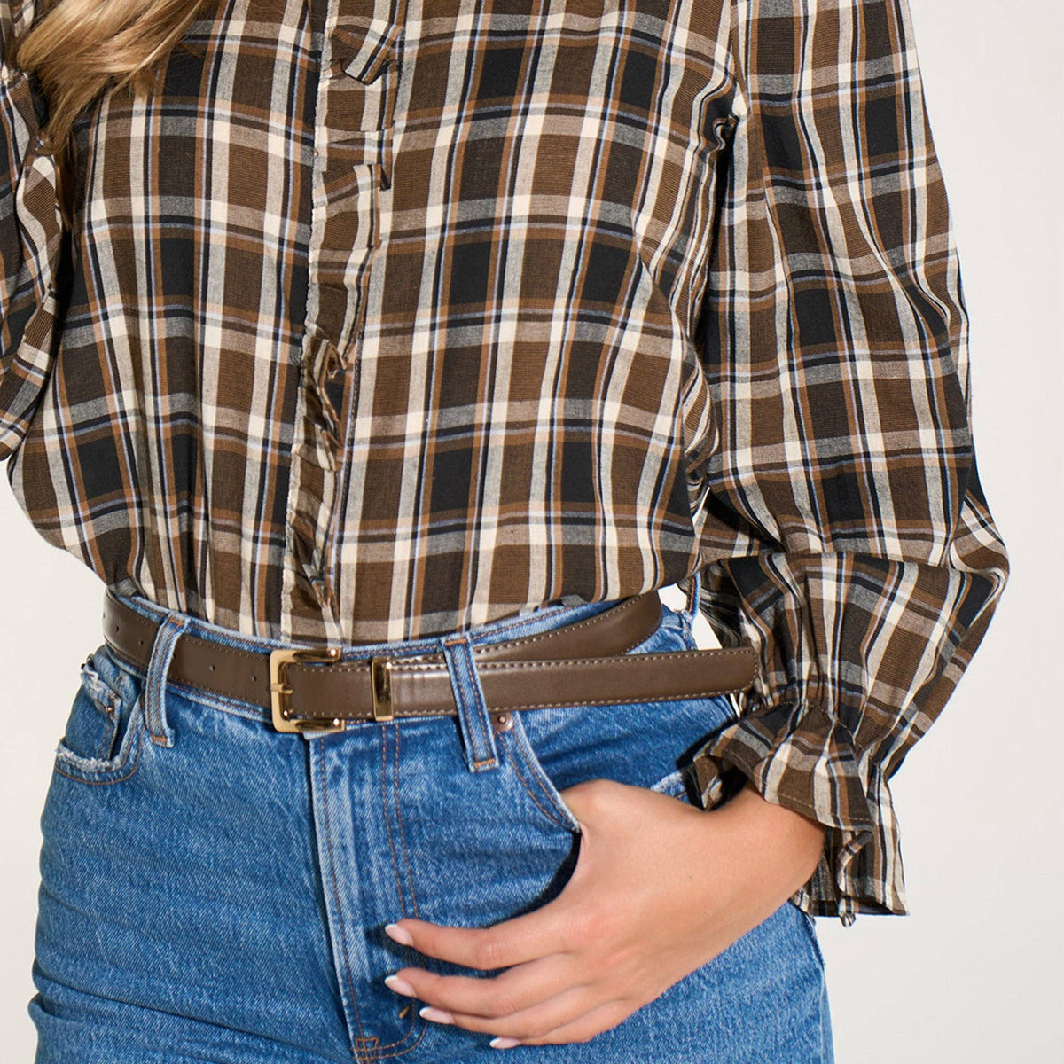 Plaid Check Ruffled Collar Shirt in Brown: Large (UK 16-18)