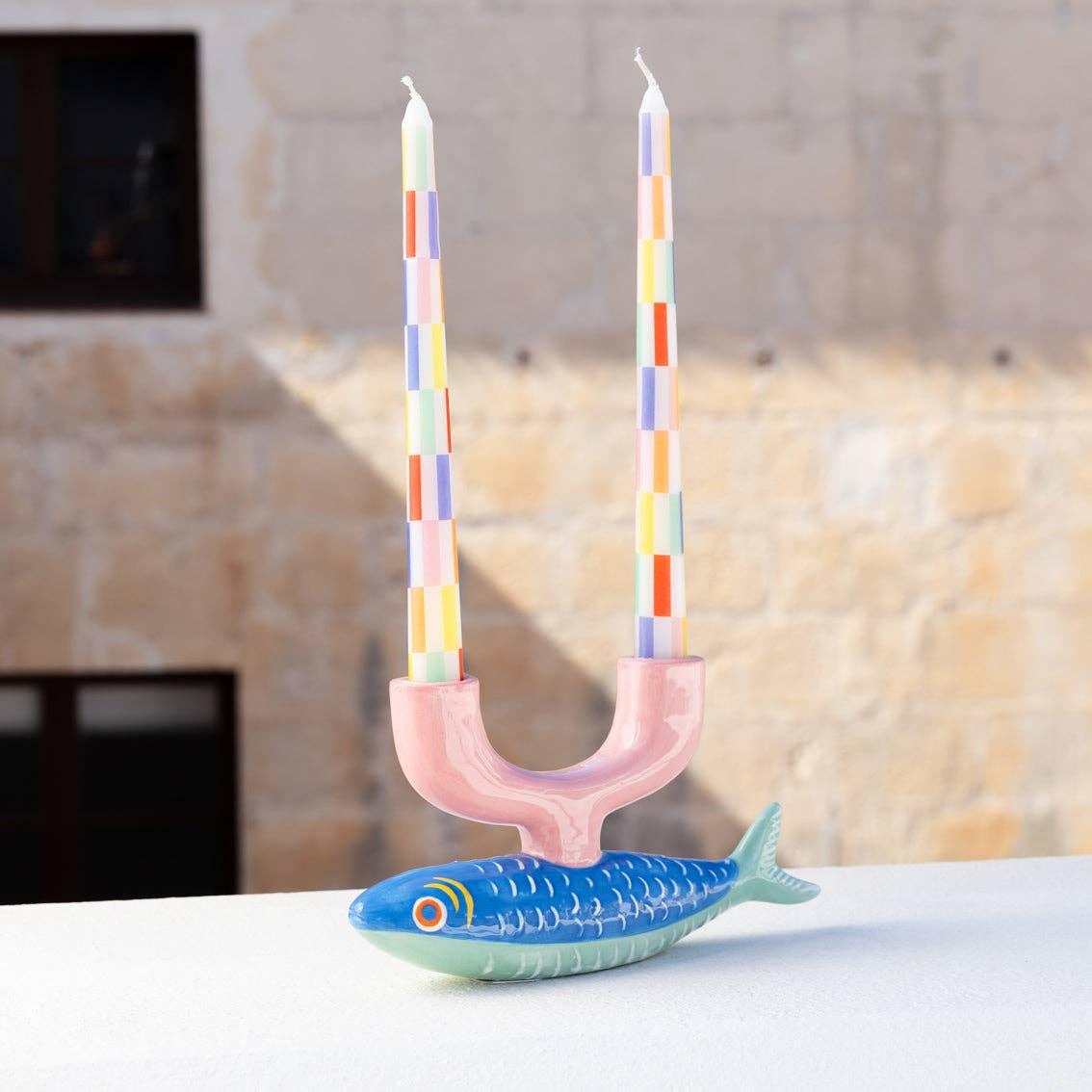 Multi Coloured Check Taper Dinner Candles