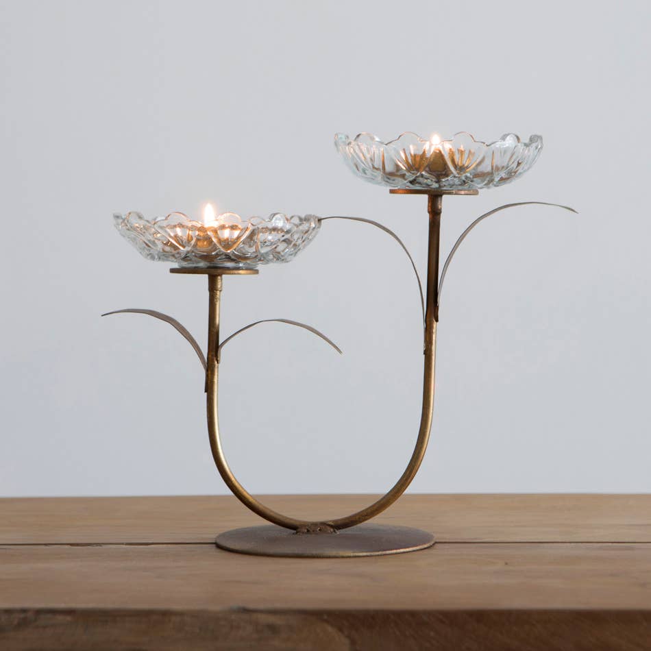 Glass Flower Double Tea-Light Candle Holder