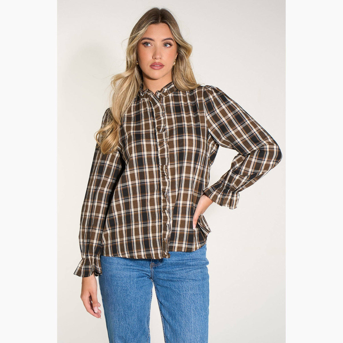 Plaid Check Ruffled Collar Shirt in Brown: Large (UK 16-18)