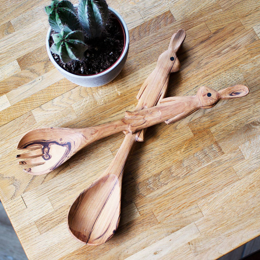 Olive Wood Bunny Salad Servers