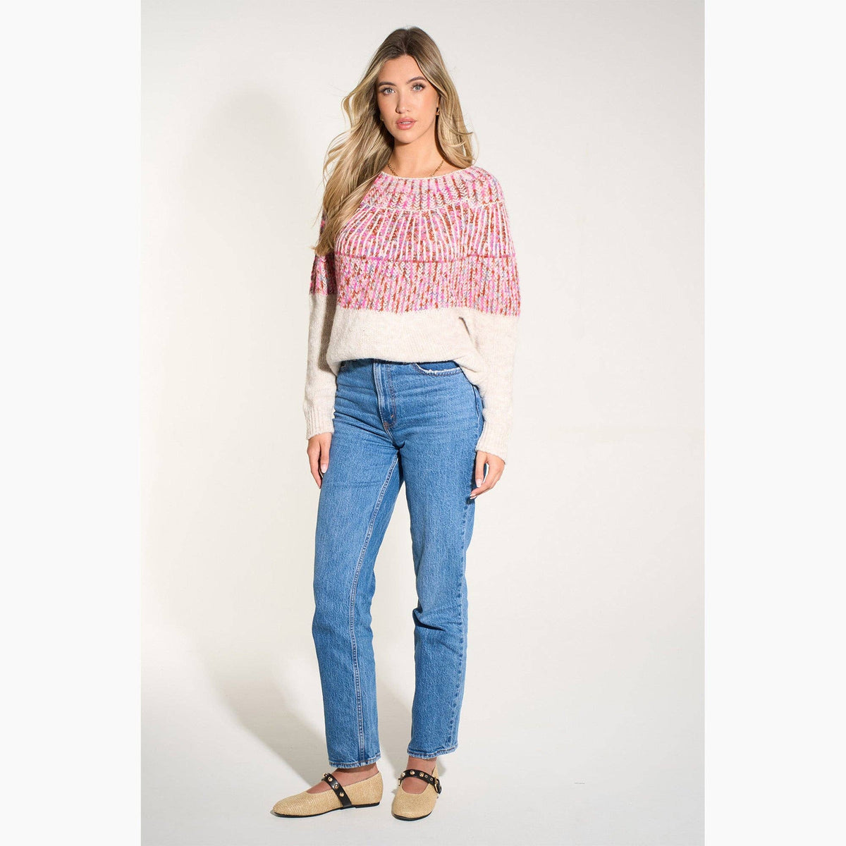 Scandi Style Print Italian Wool Blend Jumper in Cream/Fuchsia