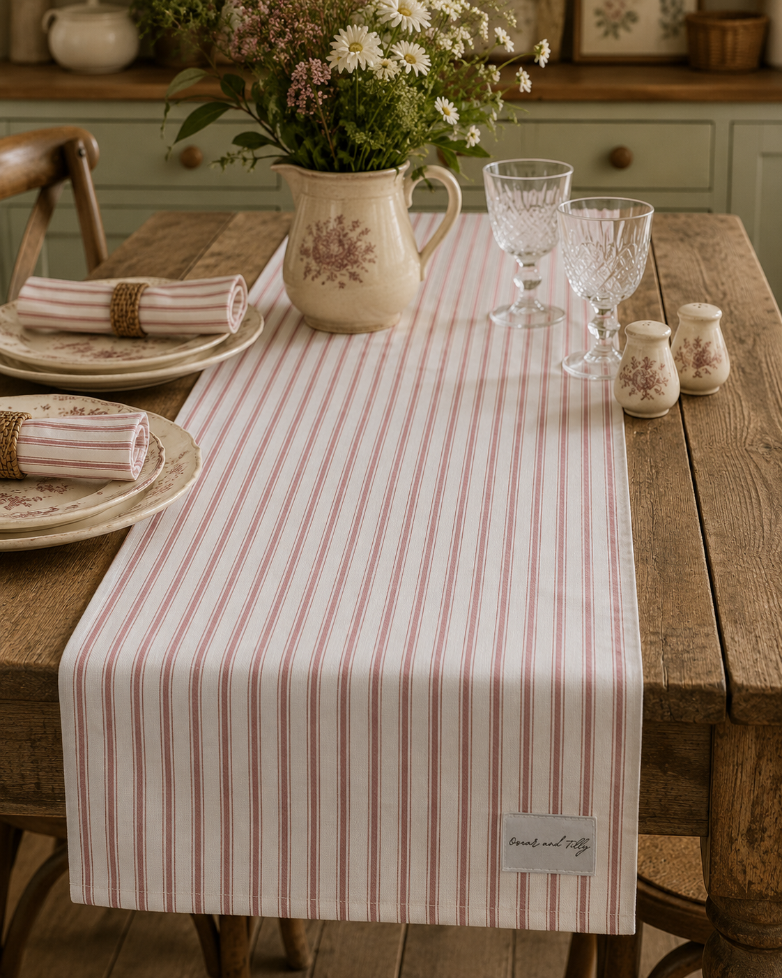 Ticking Stripe Table Runner  Chateau Rose