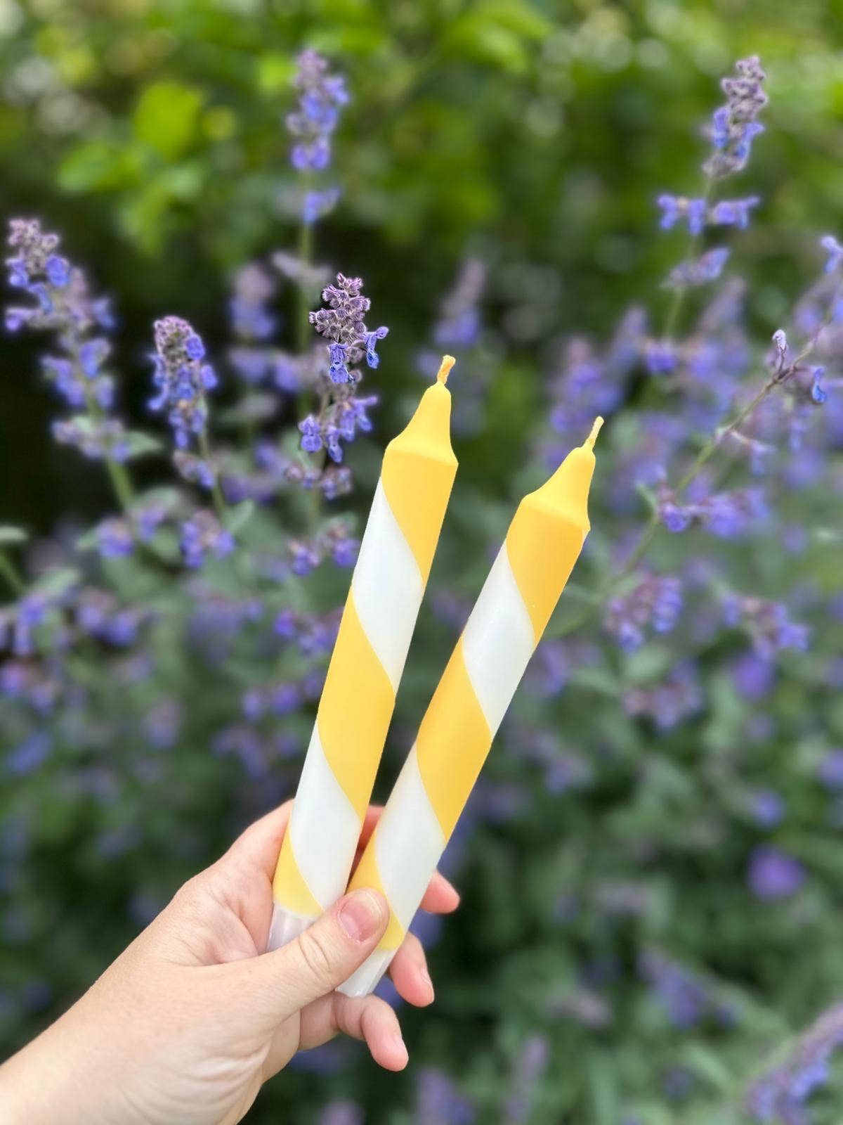 Butter Yellow & White Candy Cane Stripe Hand Dipped Candles 