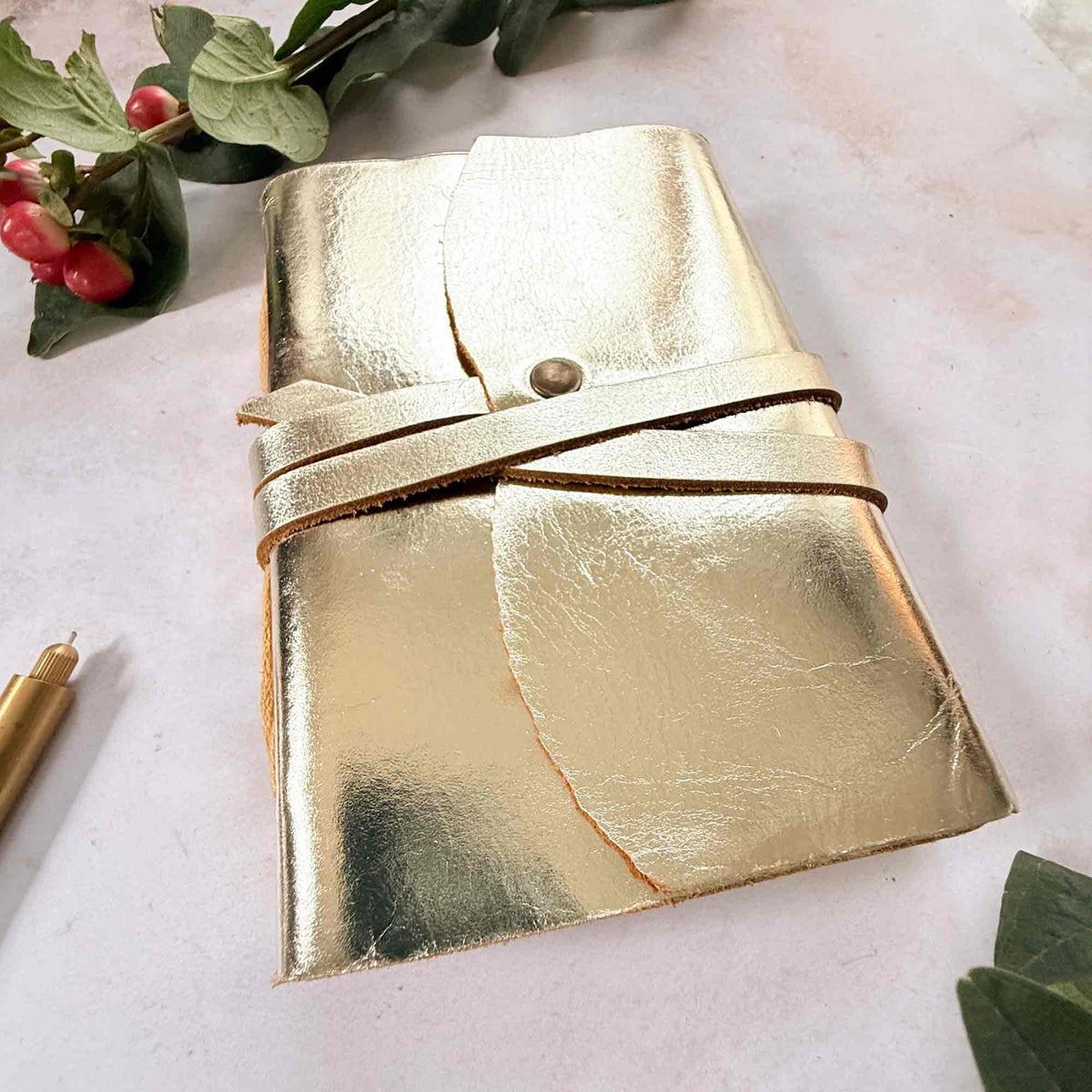 A6 Handmade Leather Notebook in Metallic Gold | & Gift Bag