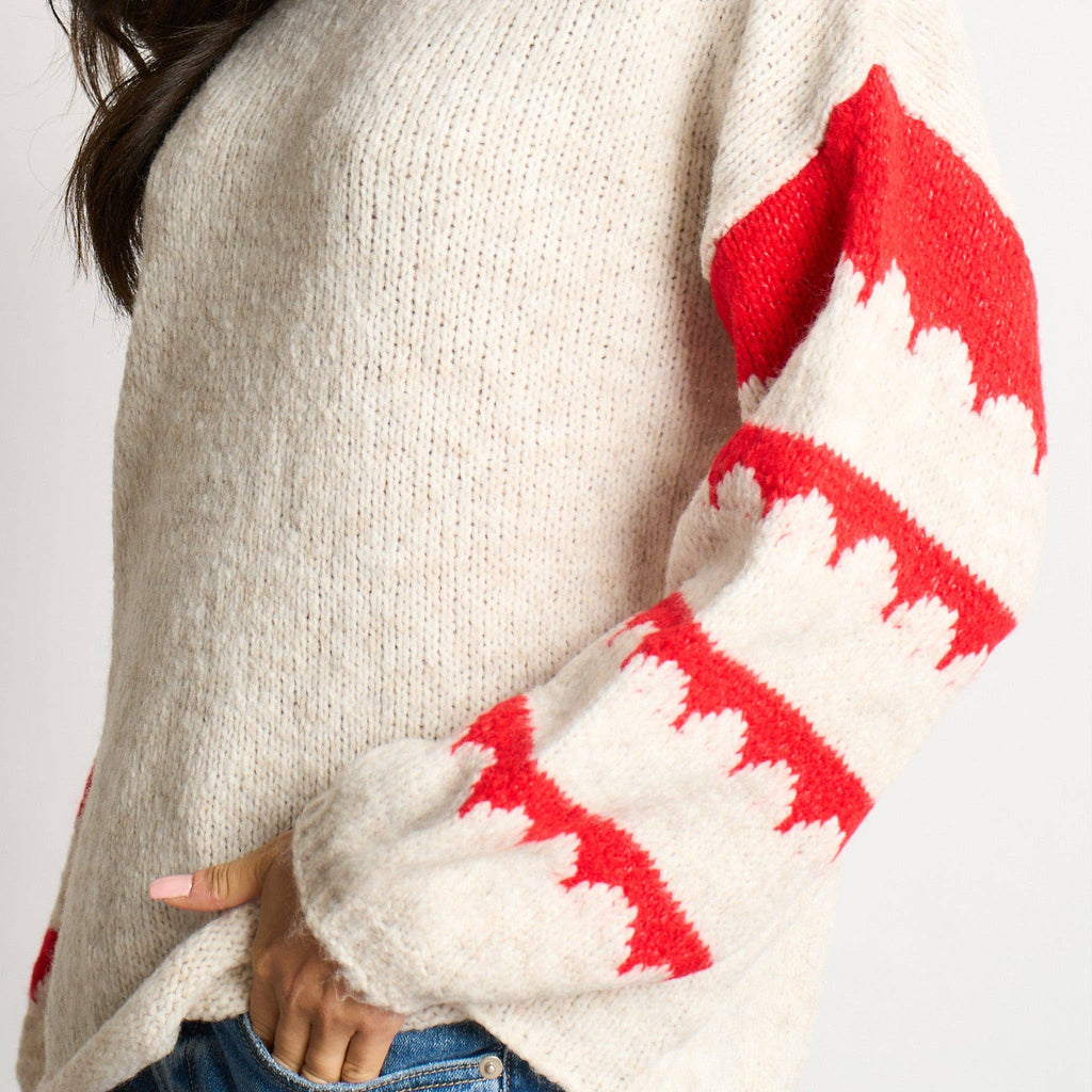 Striped Sleeve Italian Wool Blend Jumper in Cream/Red: One-size