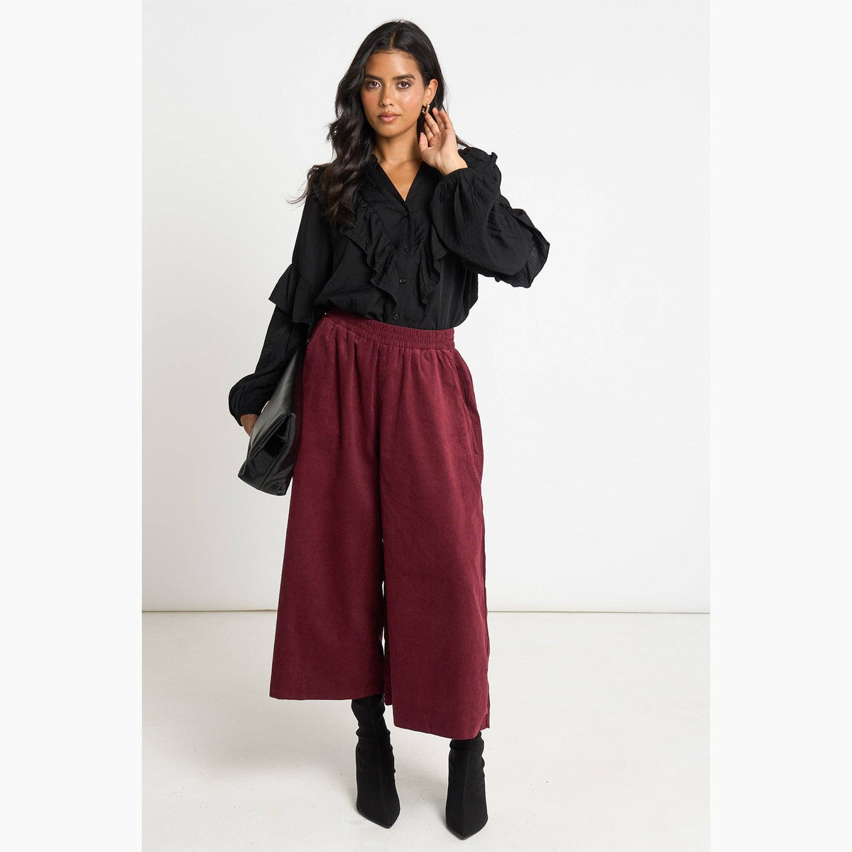 Cord Wide Leg Culottes in Berry