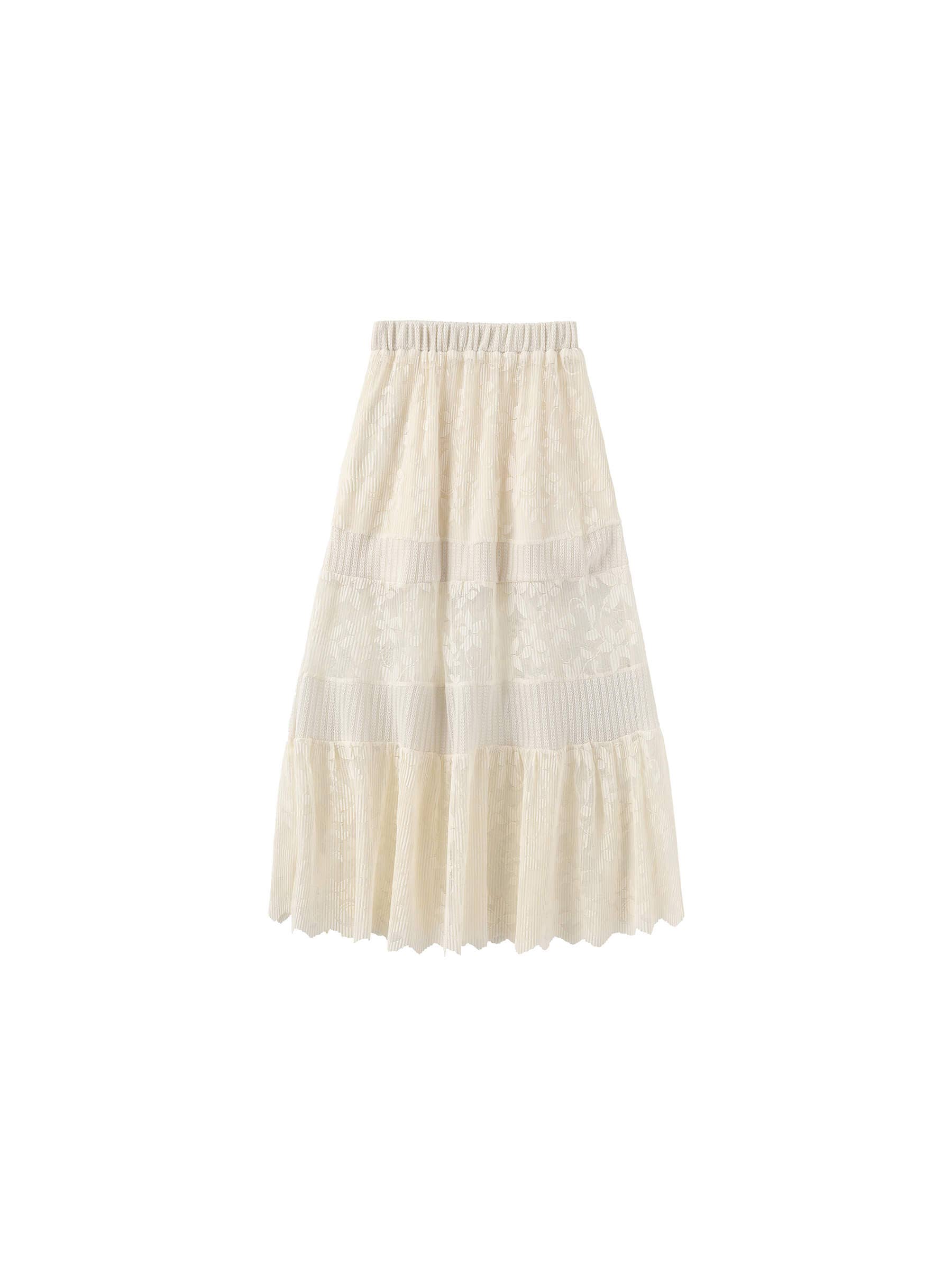 Textured Floral Print Lace Panel Skirt: FloralWhite / UN