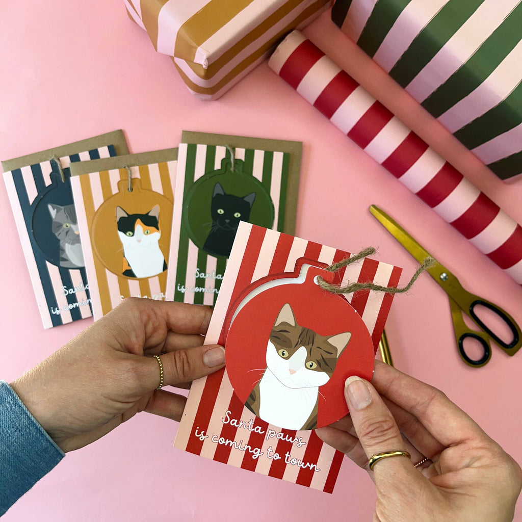 Cat Breed - Pop Out Christmas Bauble Cards : CALICO - YELLOW/PINK STRIPE