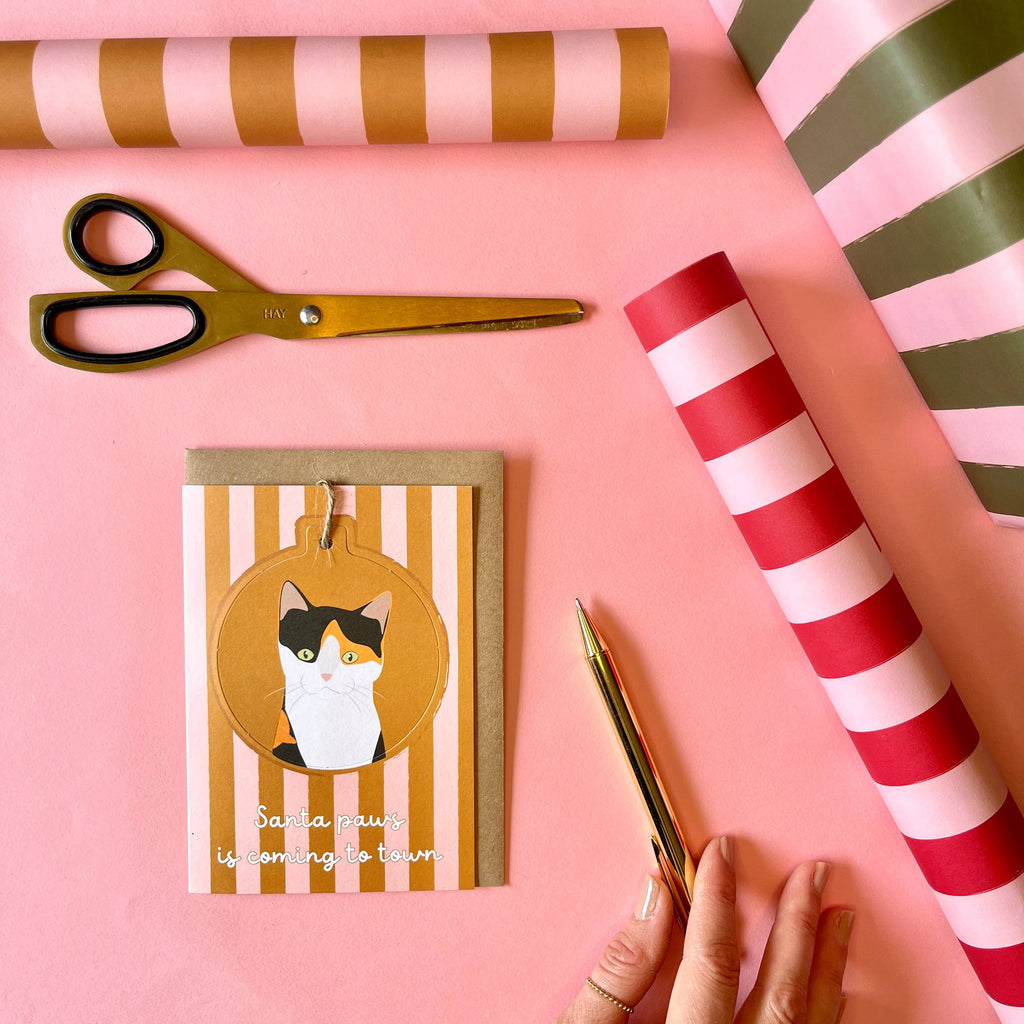 Cat Breed - Pop Out Christmas Bauble Cards : CALICO - YELLOW/PINK STRIPE