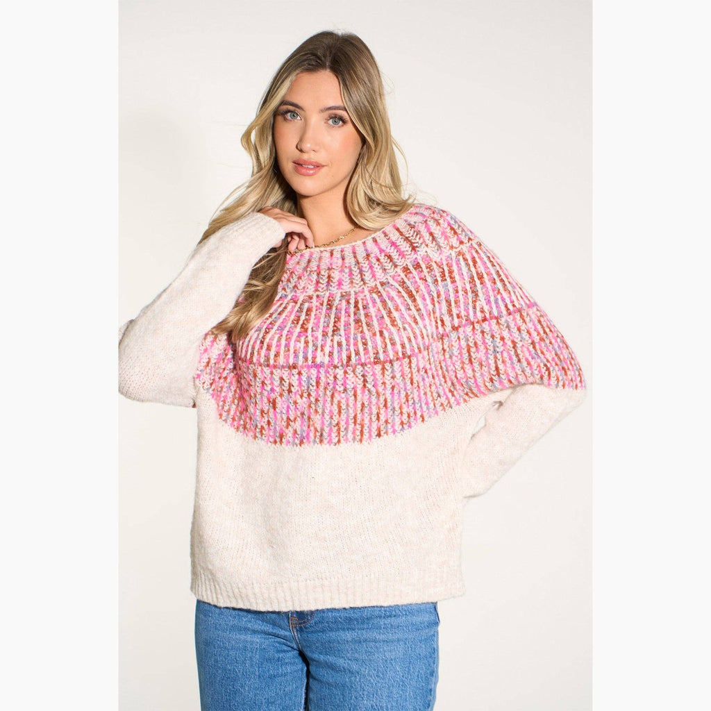 Scandi Style Print Italian Wool Blend Jumper in Cream/Fuchsia
