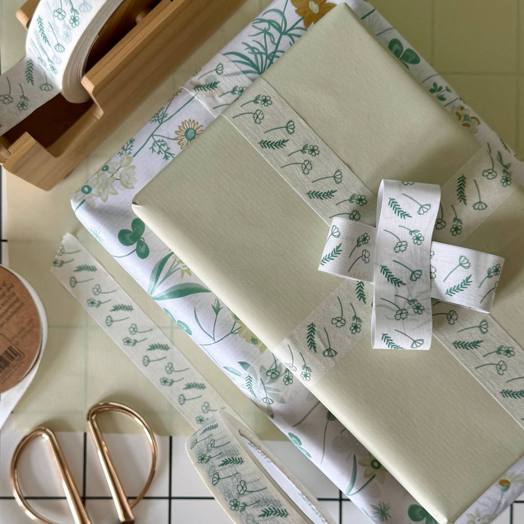 Green Floral Paper Tape 24mm - Eco Friendly Packing Tape