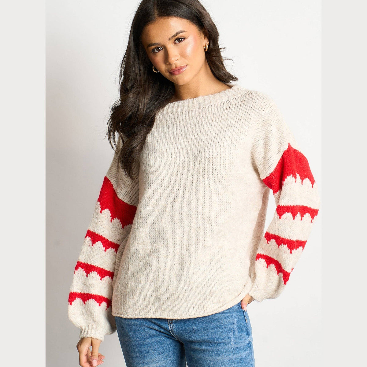 Striped Sleeve Italian Wool Blend Jumper in Cream/Red: One-size