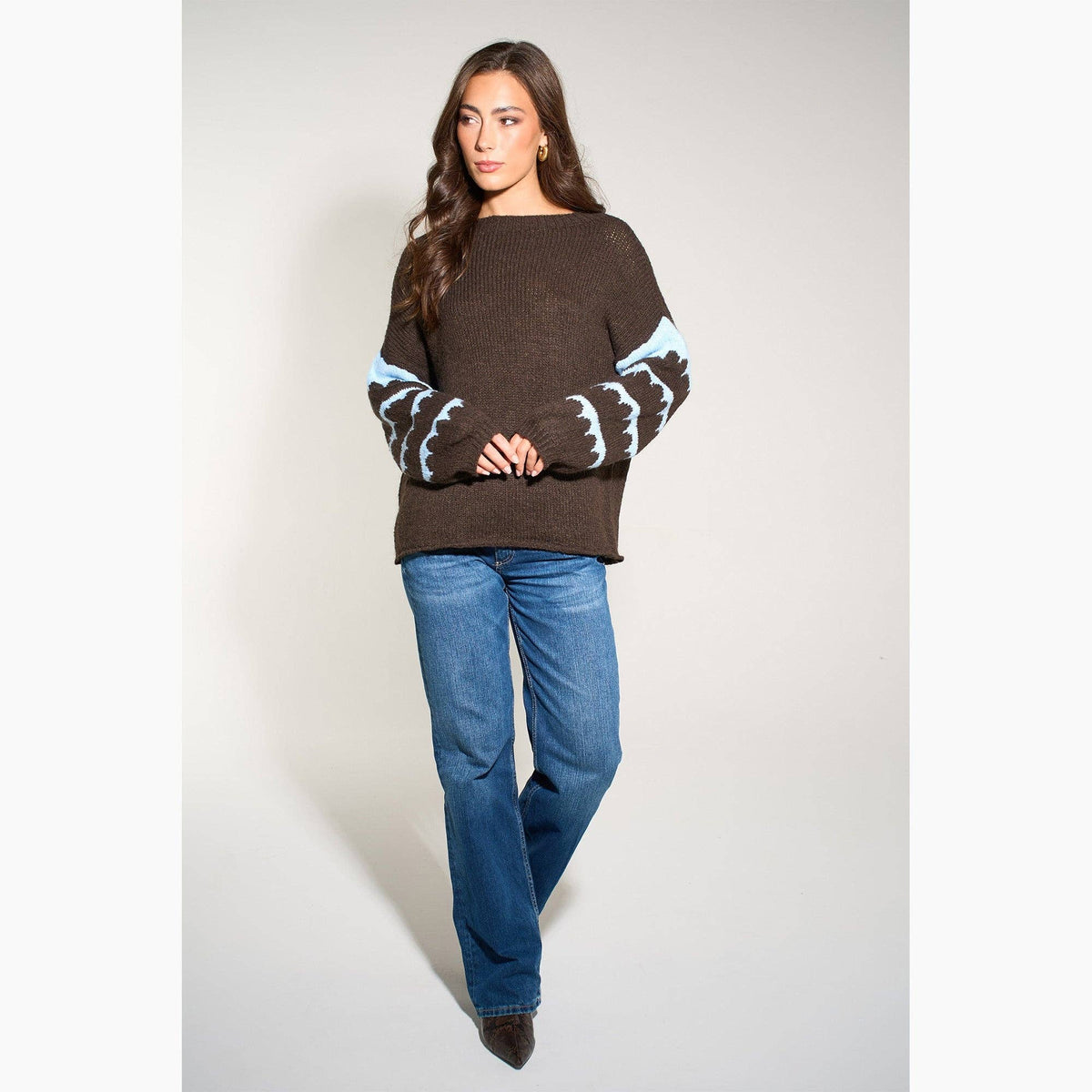 Striped Sleeve Italian Wool Blend Jumper in Brown/Blue: One Size