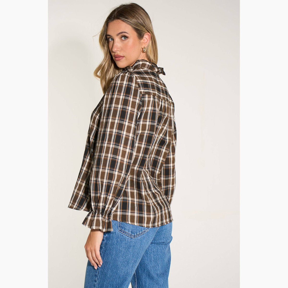 Plaid Check Ruffled Collar Shirt in Brown: Large (UK 16-18)