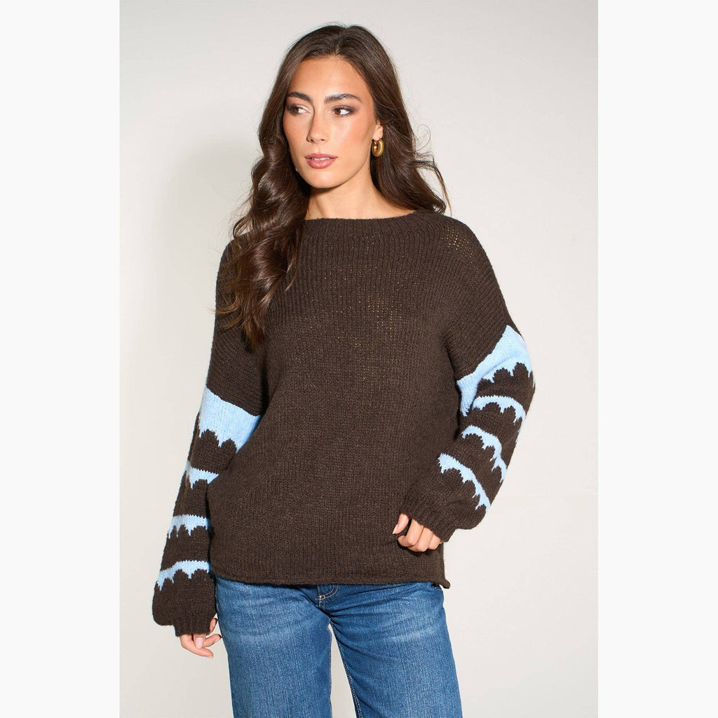 Striped Sleeve Italian Wool Blend Jumper in Brown/Blue: One Size